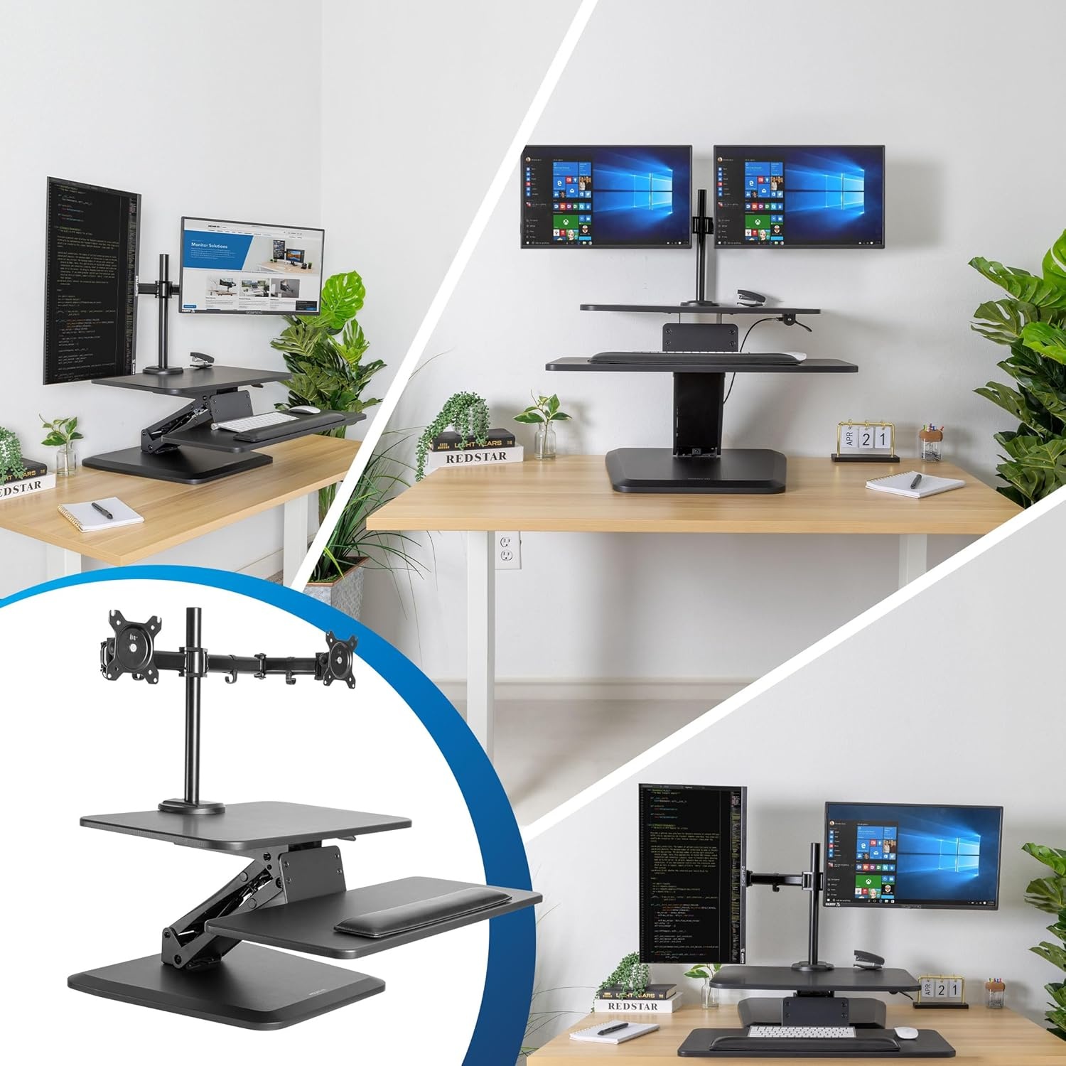 image:imageMountIt Standing Desk Converter Stand Up Desk Riser with Dual Monitor Mount Adjustable Workstation in Black Top Platform 23 Wide Keyboard Mouse Tray 27 Wide Raises 5 to 17 Tall