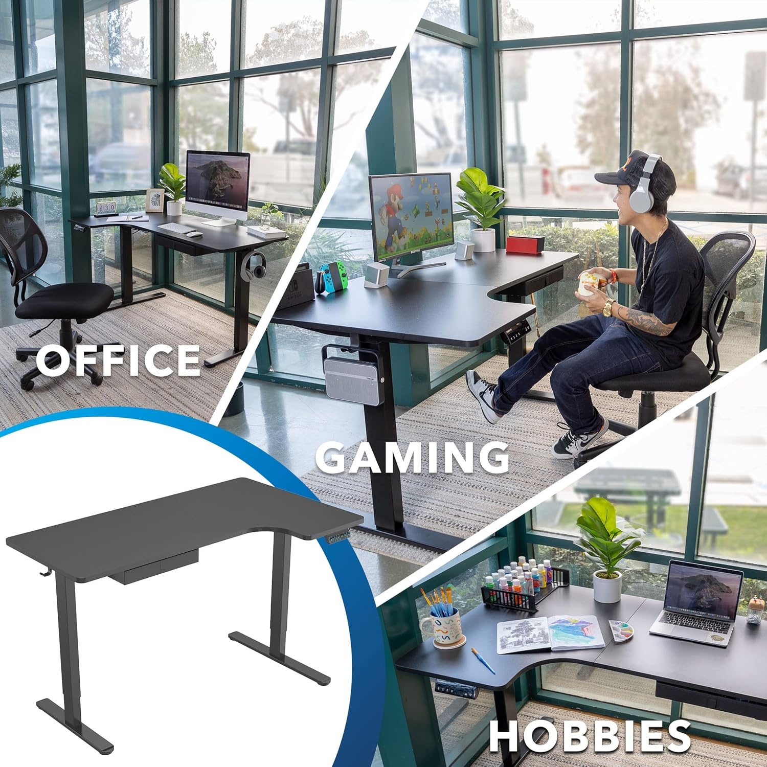 image:imageMountIt Standing Desk L Shape Electric Height Adjustable Sit Stand Corner Workstation with Reversible Desktop Steel Frame Black