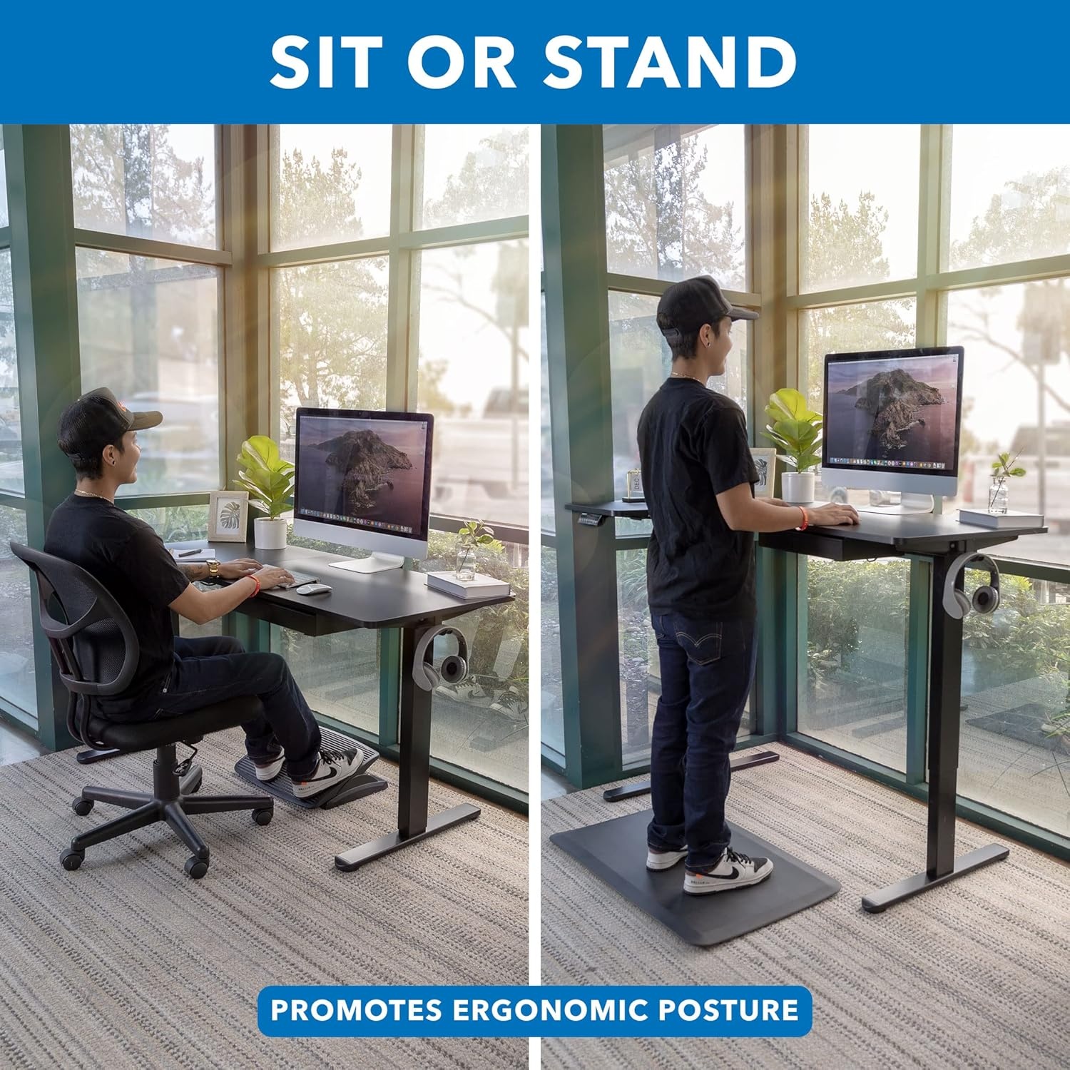 image:imageMountIt Standing Desk L Shape Electric Height Adjustable Sit Stand Corner Workstation with Reversible Desktop Steel Frame Black