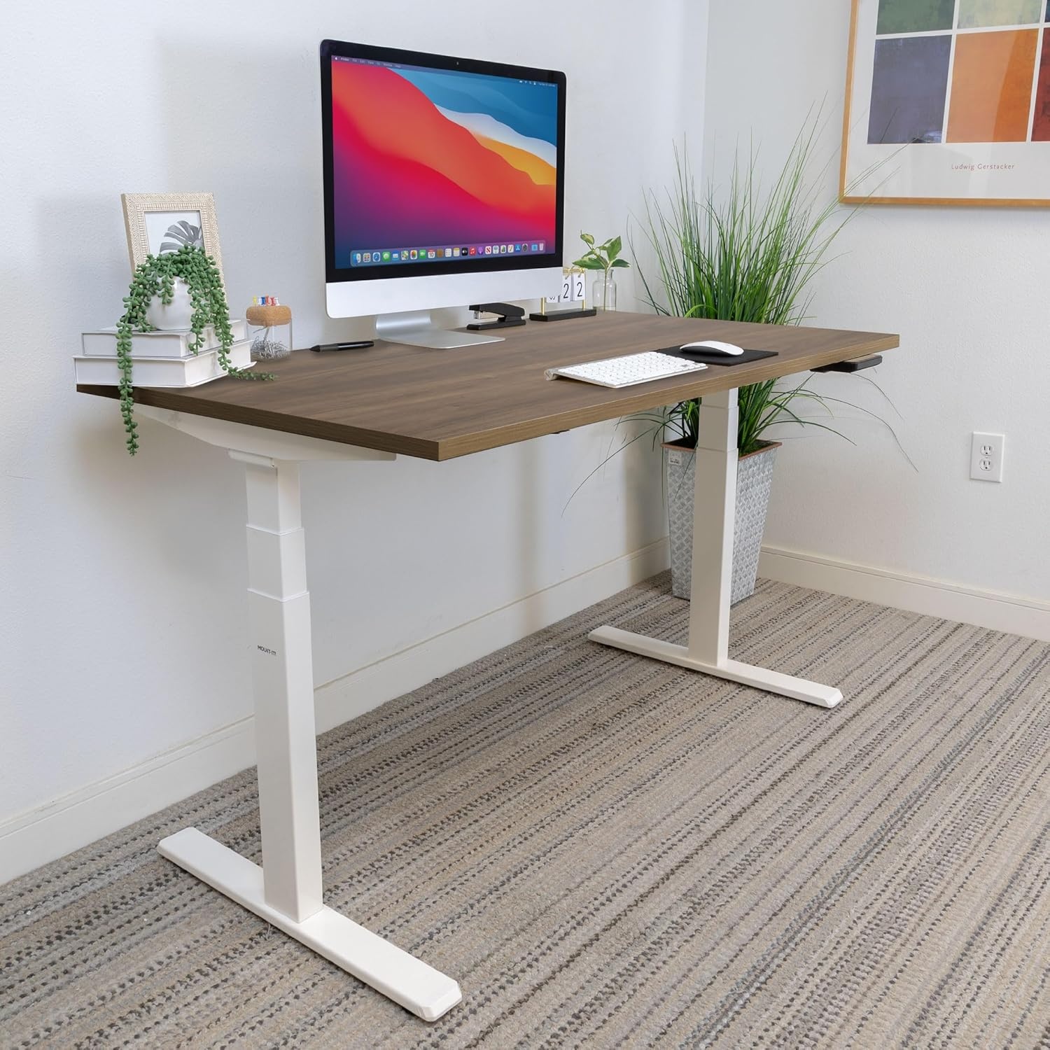 image:imageMountIt Ultimate Dual Motor Electric Standing Desk with 55 Brown Tabletop White Base