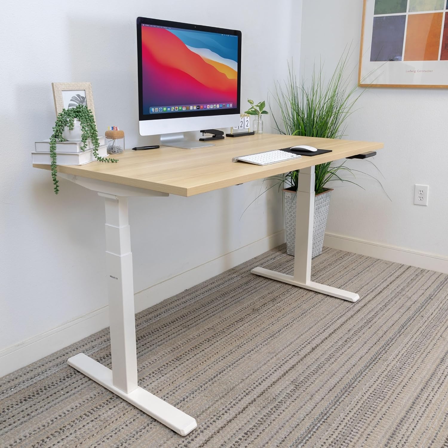 image:imageMountIt Ultimate Dual Motor Electric Standing Desk with 55 Maple Tabletop White Base