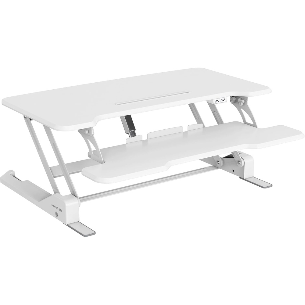 image:imageMountIt Electric Standing Desk Converter with 38 Tabletop Height Adjustable Sit Stand Desk Riser Motorized Desk Riser with Keyboard Tray and Device Slot Fits Monitor amp Laptop BlackWhite