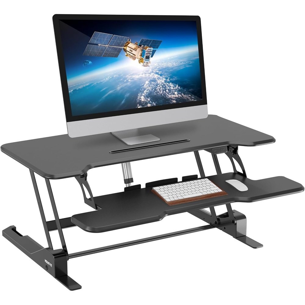 image:imageMountIt Electric Standing Desk Converter with 38 Tabletop Height Adjustable Sit Stand Desk Riser Motorized Desk Riser with Keyboard Tray and Device Slot Fits Monitor amp Laptop BlackBlack