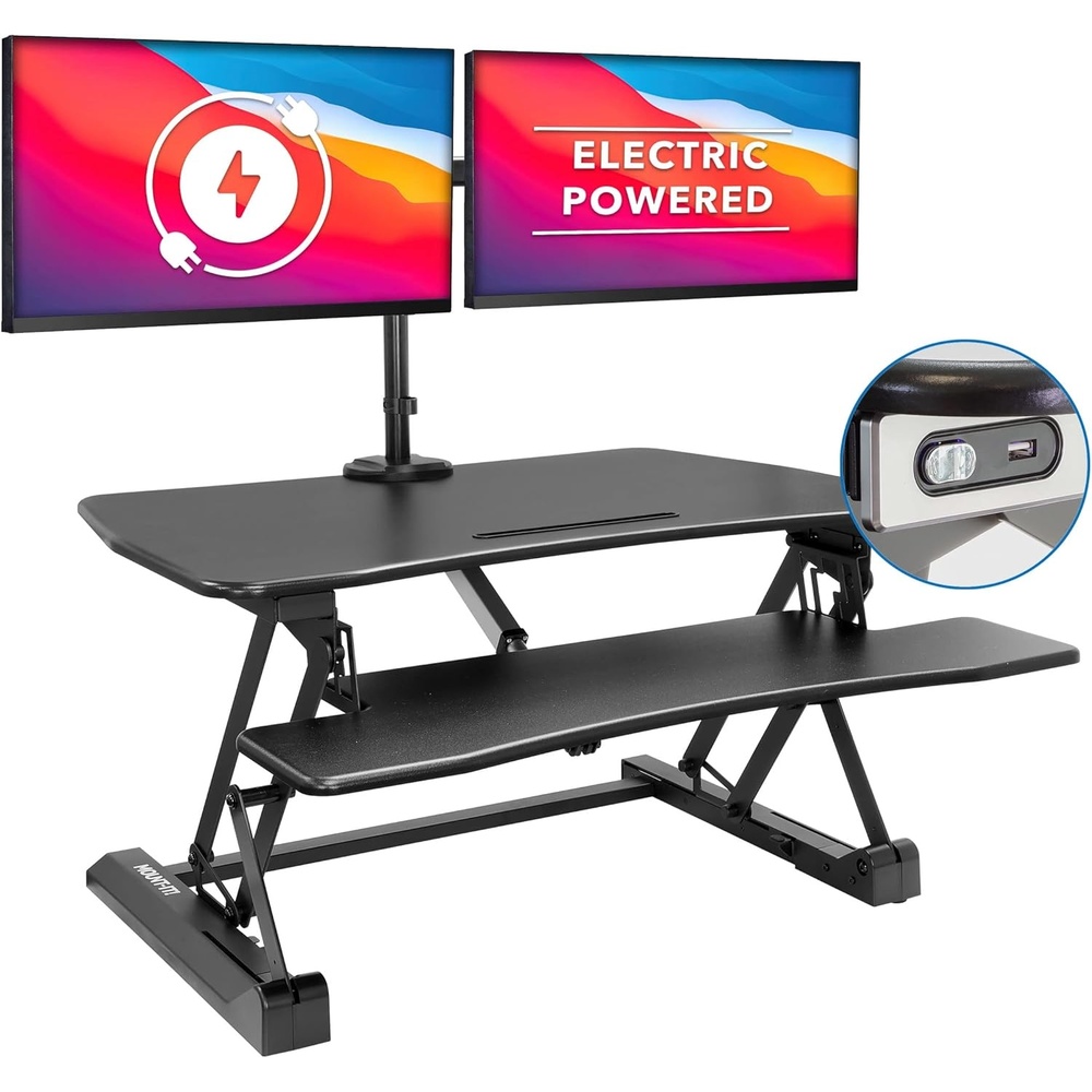 image:imageMountIt Electric Standing Desk Converter with Dual Monitor Arm Stand Up Desk Riser XLarge 472 Wide Electric Desk Riser with Mount for 2 Screens Max 32 Desktop with Keyboard Tray USB BlackLarge 354
