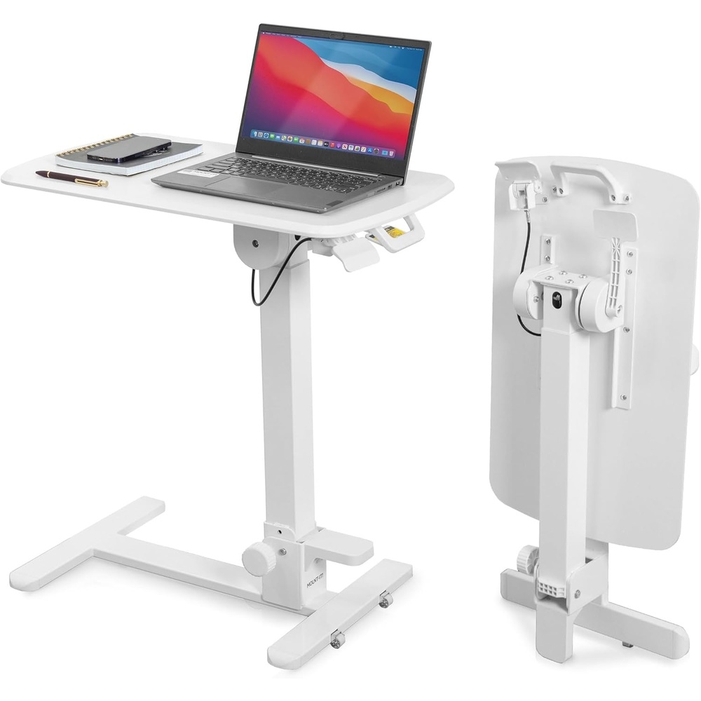 image:imageMountIt Foldable Overbed Table with Wheels Height Adjustable Rolling Bedside Table No Assembly Required UltraLow Profile Base Fits Under Beds amp Sofas for Home and Hospital Use