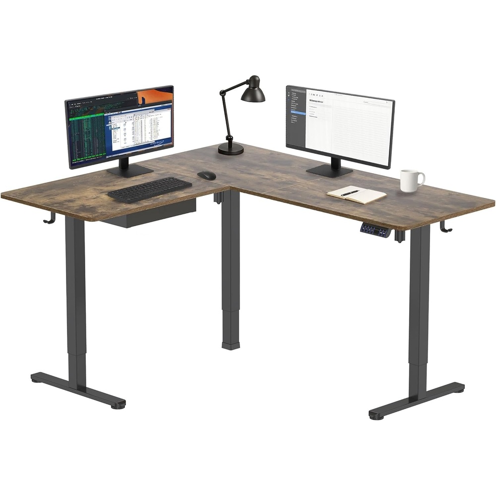 image:imageMountIt L Shaped Standing Desk Extra Large 75 x 63 Electric Corner Standing Desk Height Adjustable from 283 to 465 3 Memory Settings White Solid Steel Frame Black TabletopBlack Frame Rustic Top