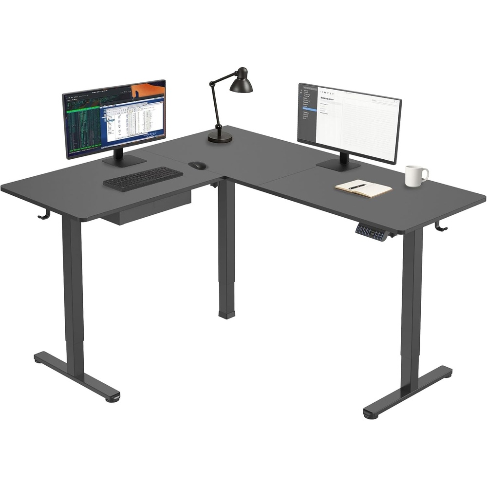 image:imageMountIt L Shaped Standing Desk Extra Large 75 x 63 Electric Corner Standing Desk Height Adjustable from 283 to 465 3 Memory Settings White Solid Steel Frame Black TabletopBlack Frame Black Top