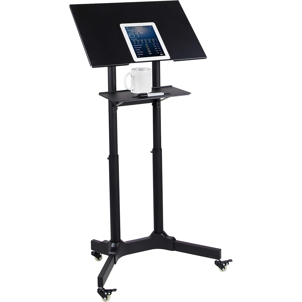 image:imageMountIt Mobile Podium Stand with Wheels Adjustable Height Rolling Lectern Portable Standing Desk with Tilted Shelf and Storage for Office Classroom and Presentations
