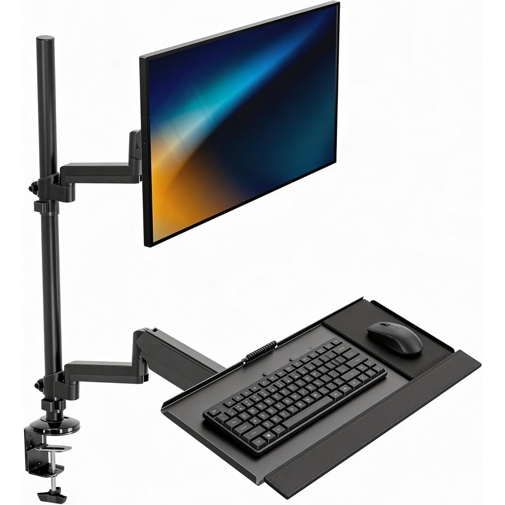 image:imageMountIt SitStand Monitor Arm Desk Mount with Keyboard Tray Single Monitor Fits Up to 32 Height Adjustable Gas Spring Full Motion Articulating Arm Clamp or Grommet Black