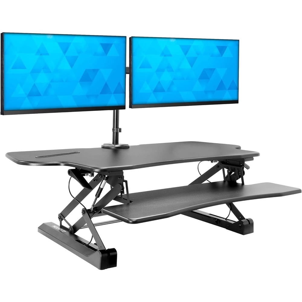 image:imageMountIt Standing Desk Converter Height Adjustable 47 Extra Large Wide Stand Up Desk Riser Dual Monitor Arm Mounts Stand Up Desk Convertor with Keyboard Tray Fits Two Monitors up to 32