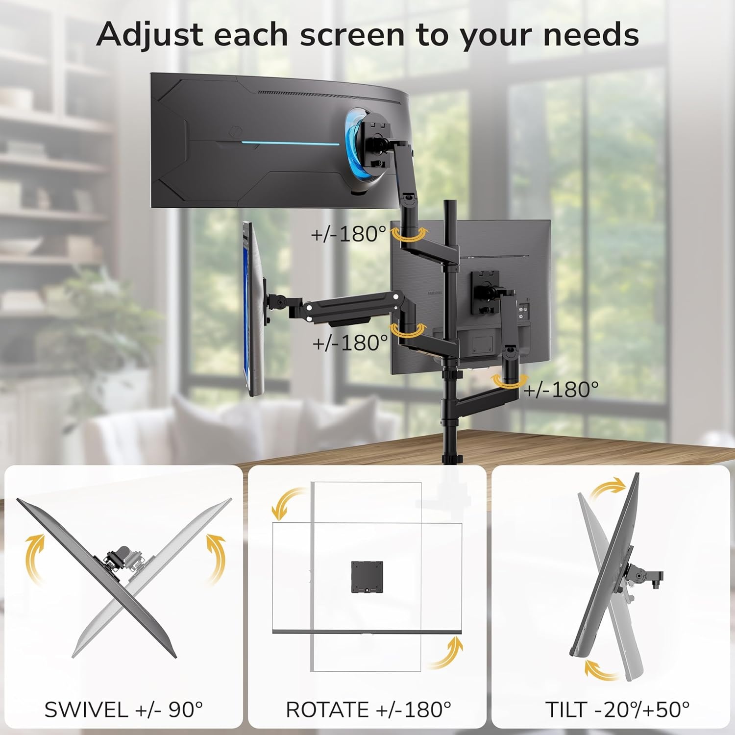 image:imageMountIt HeavyDuty 21 Triple Monitor Mount Stacked Ultrawide Desk Monitor Arm for One 49 Screen Two 35 Monitors 44 lb Gas Spring Arms Clamp amp Grommet Mount