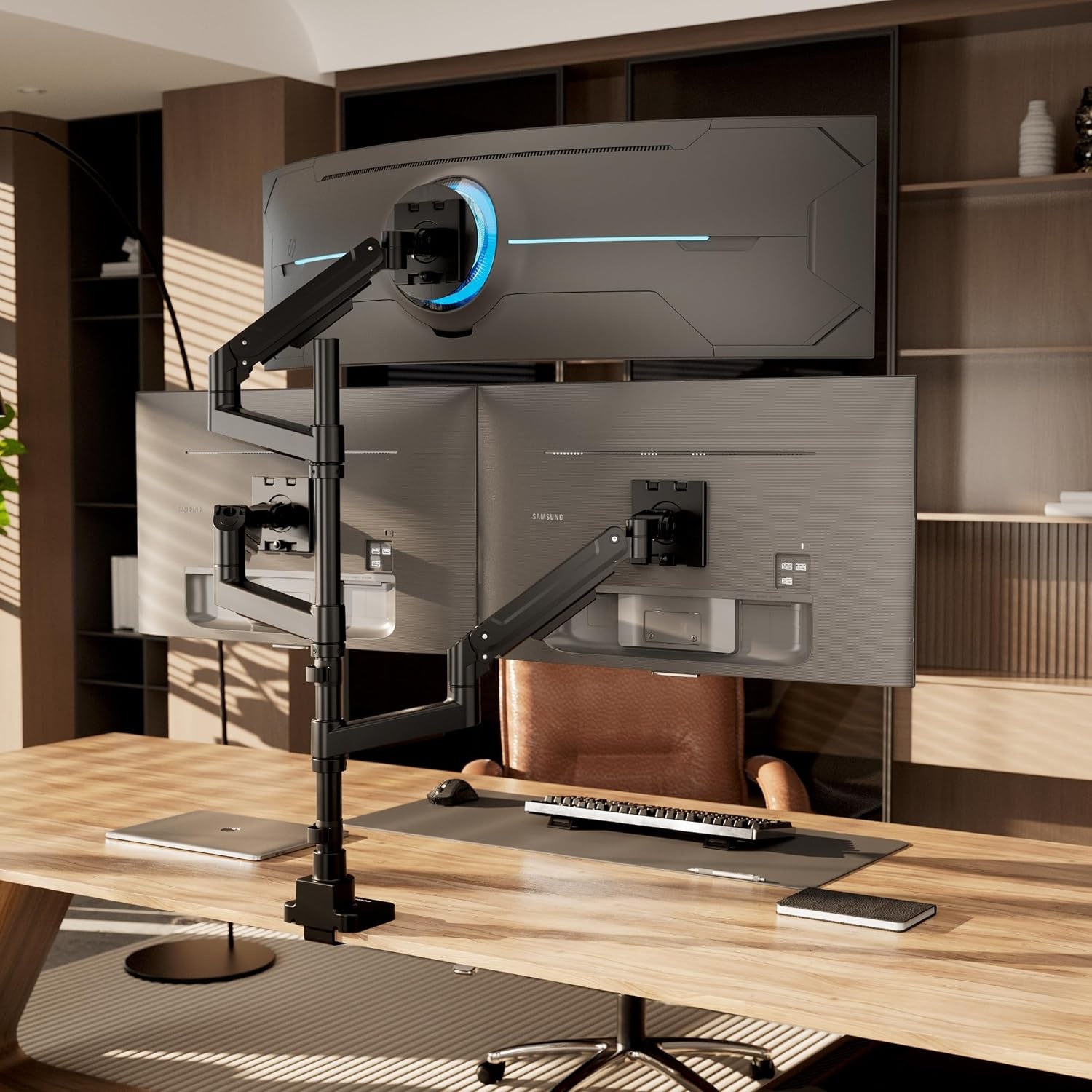 image:imageMountIt HeavyDuty 21 Triple Monitor Mount Stacked Ultrawide Desk Monitor Arm for One 49 Screen Two 35 Monitors 44 lb Gas Spring Arms Clamp amp Grommet Mount