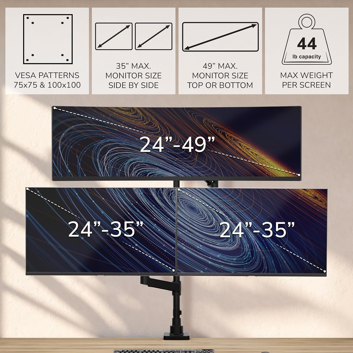 image:imageMountIt HeavyDuty 21 Triple Monitor Mount Stacked Ultrawide Desk Monitor Arm for One 49 Screen Two 35 Monitors 44 lb Gas Spring Arms Clamp amp Grommet Mount