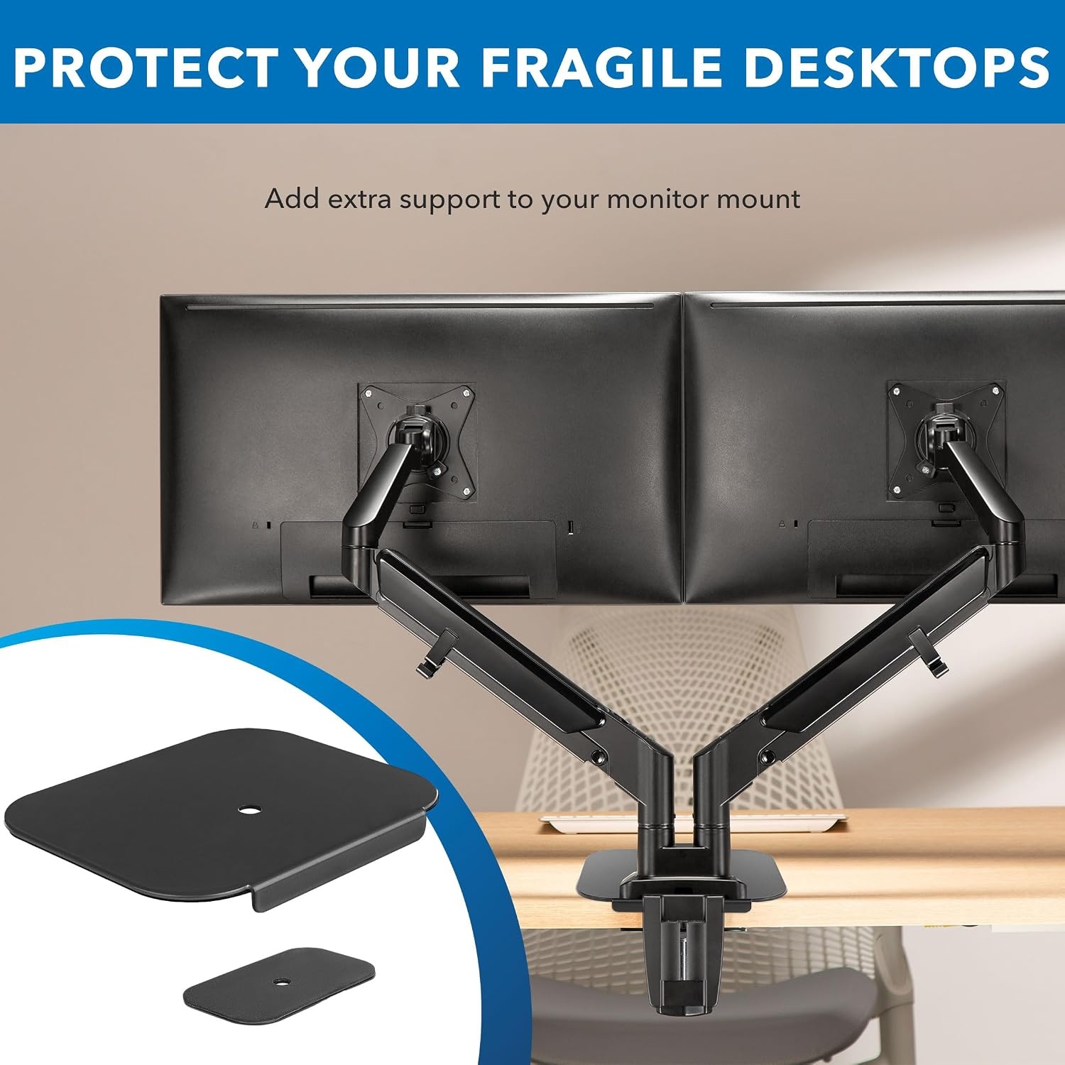 image:imageMountIt Monitor Mount Reinforcement Plate Steel Desk Protector for Glass and Thin Tabletops Compatible with CClamp and Grommet Mounts AntiSkid EVA Pads Supports MultiMonitor Setups