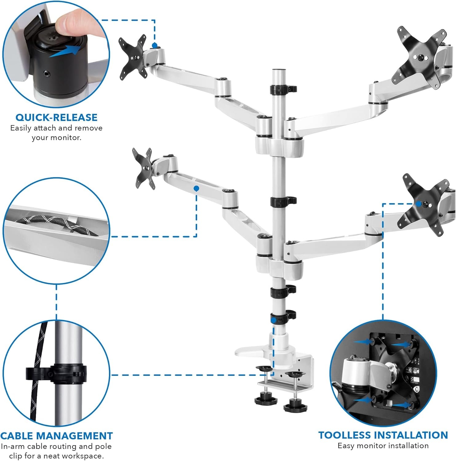 image:imageMountIt Quad Monitor Desk Mount with Full Motion Arms Modular Four Arm Monitor Stand with Quick Disconnect Technology
