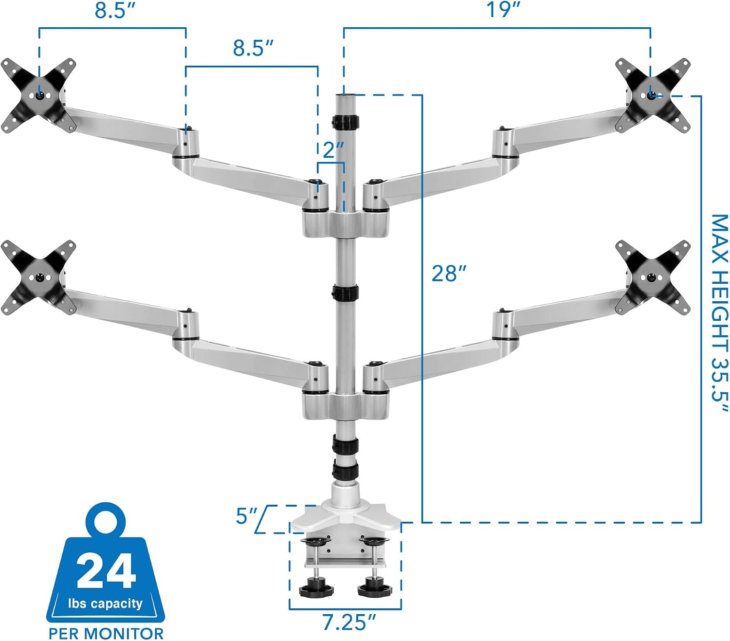 image:imageMountIt Quad Monitor Desk Mount with Full Motion Arms Modular Four Arm Monitor Stand with Quick Disconnect Technology