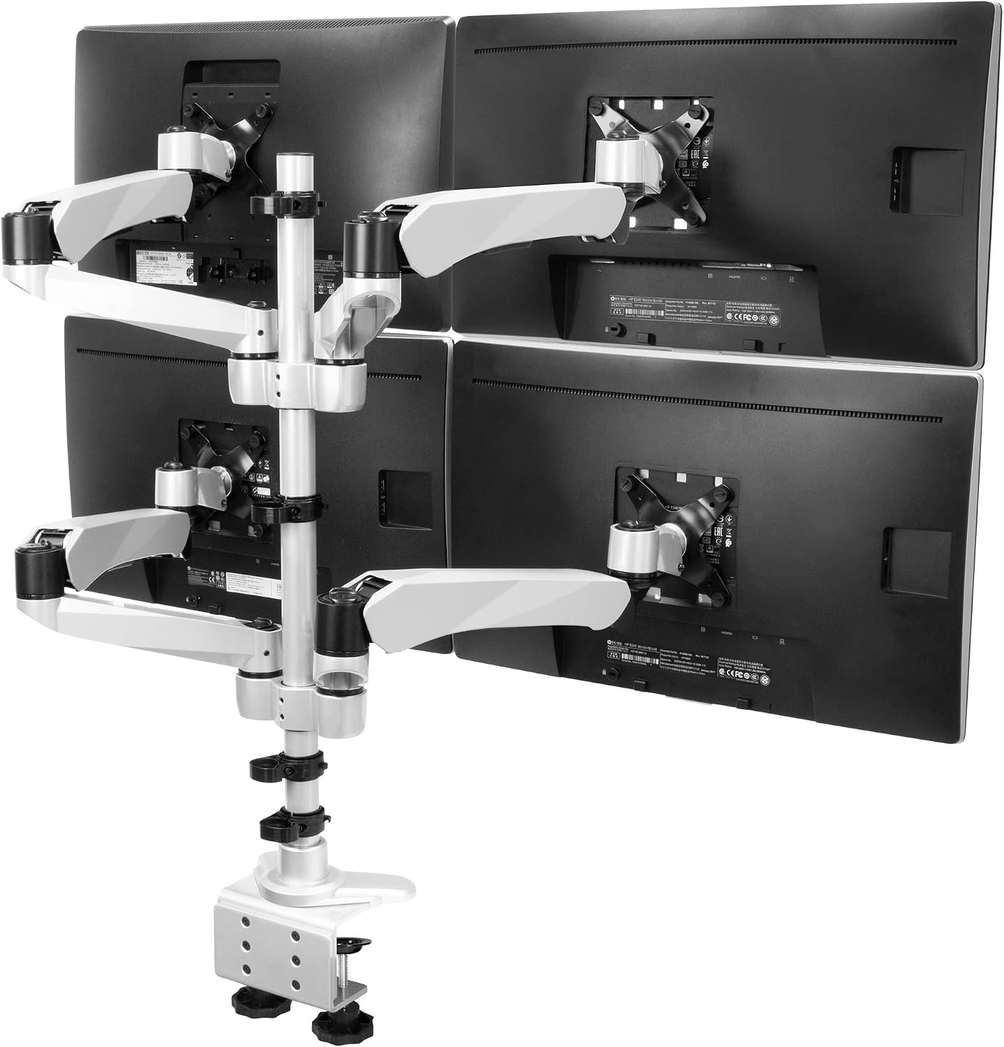 image:imageMountIt Quad Monitor Desk Mount with Full Motion Height Adjustable Arms Premium Modular Computer Screen Mount with VESA 75x75 100x100 mm Pattern Clamp Base Silver