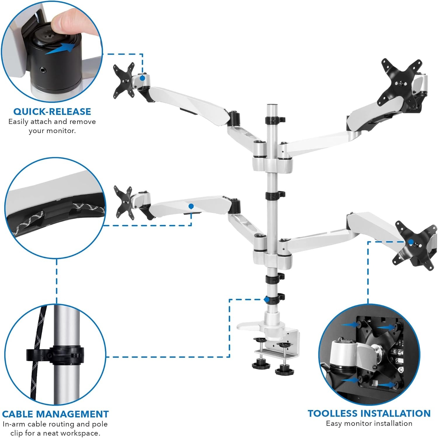 image:imageMountIt Quad Monitor Desk Mount with Full Motion Height Adjustable Arms Premium Modular Computer Screen Mount with VESA 75x75 100x100 mm Pattern Clamp Base Silver