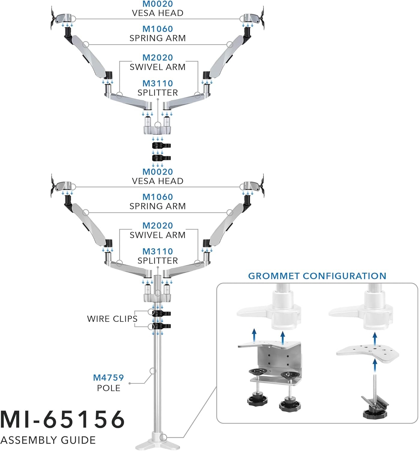 image:imageMountIt Quad Monitor Desk Mount with Full Motion Height Adjustable Arms Premium Modular Computer Screen Mount with VESA 75x75 100x100 mm Pattern Clamp Base Silver