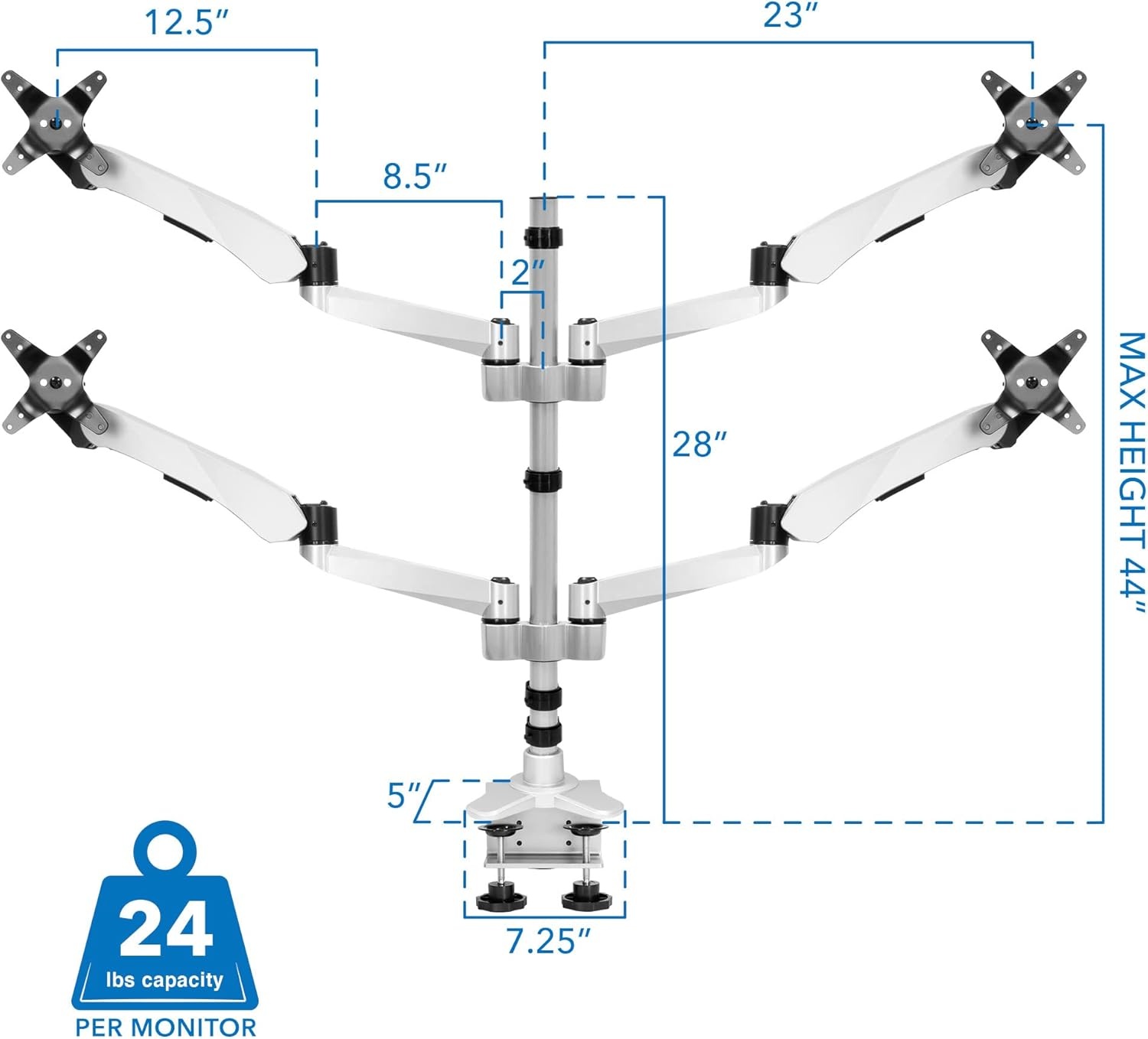 image:imageMountIt Quad Monitor Desk Mount with Full Motion Height Adjustable Arms Premium Modular Computer Screen Mount with VESA 75x75 100x100 mm Pattern Clamp Base Silver