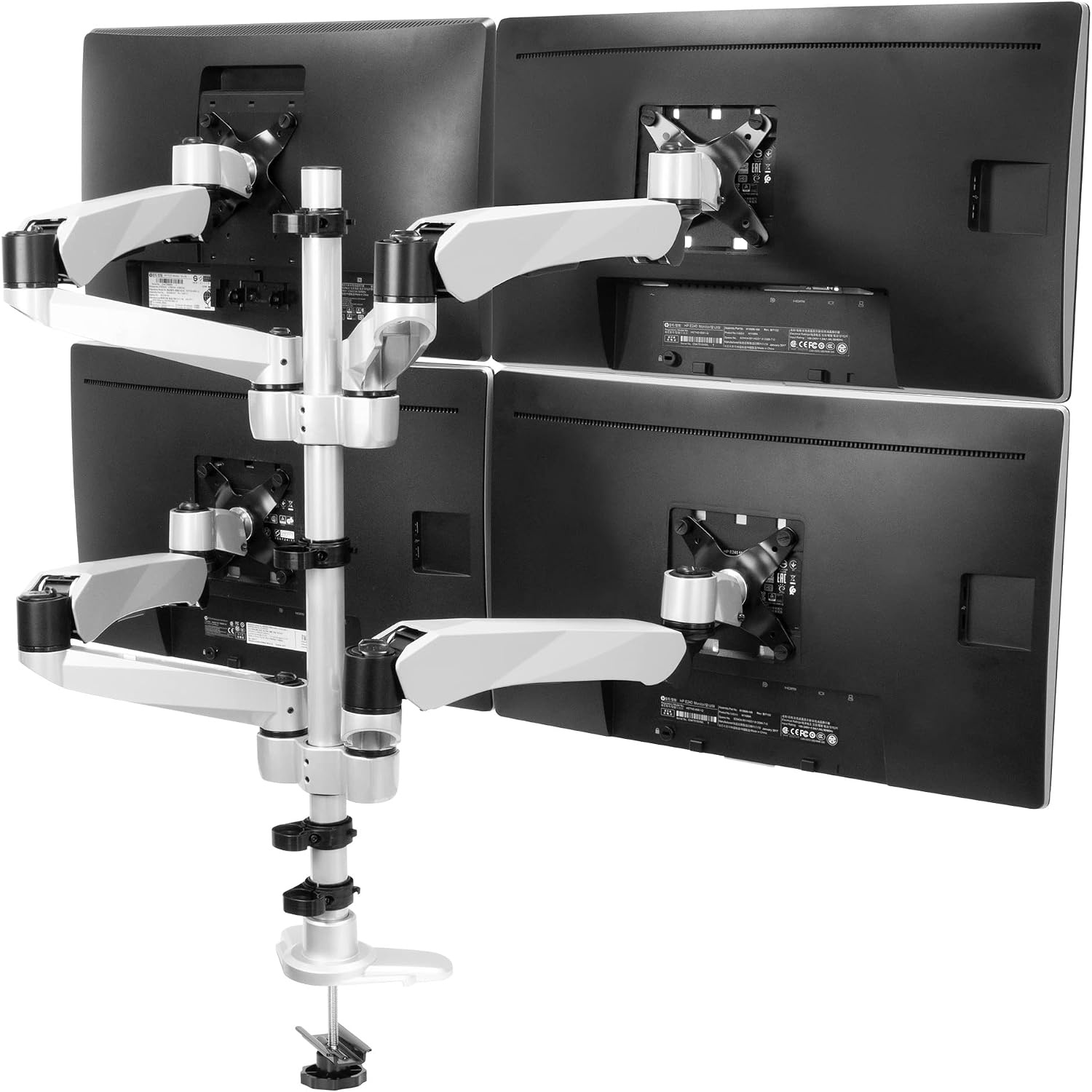 image:imageMountIt Quad Monitor Desk Mount with Full Motion Height Adjustable Arms Premium Modular Computer Screen Mount with VESA 75x75 100x100 mm Pattern Grommet Base Silver