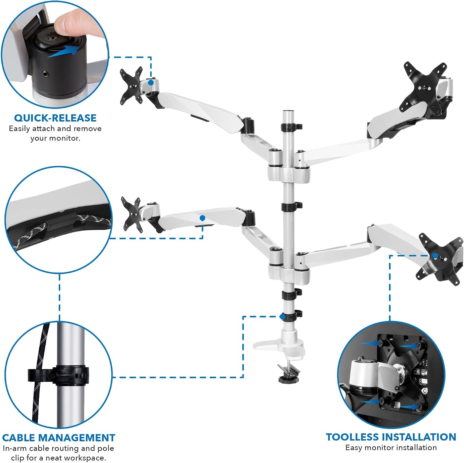 image:imageMountIt Quad Monitor Desk Mount with Full Motion Height Adjustable Arms Premium Modular Computer Screen Mount with VESA 75x75 100x100 mm Pattern Grommet Base Silver