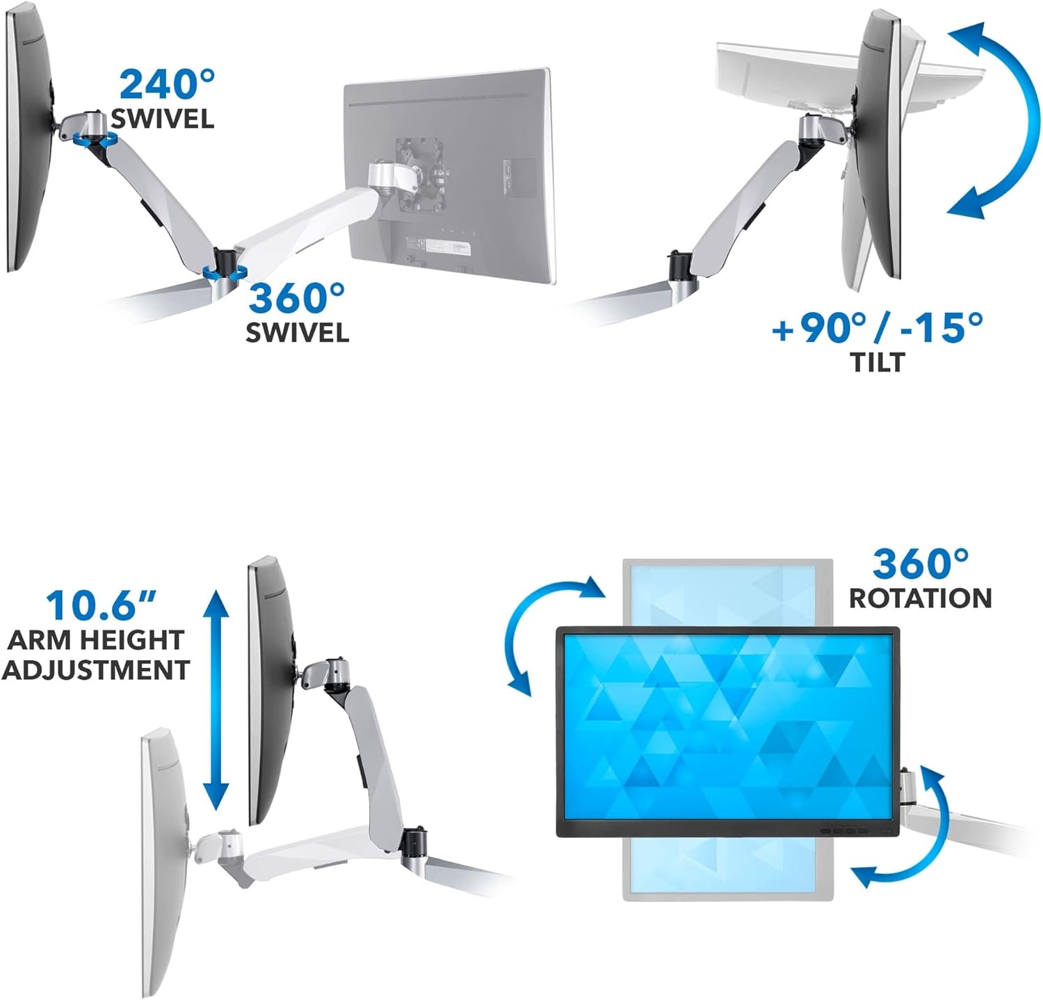 image:imageMountIt Quad Monitor Desk Mount with Full Motion Height Adjustable Arms Premium Modular Computer Screen Mount with VESA 75x75 100x100 mm Pattern Grommet Base Silver