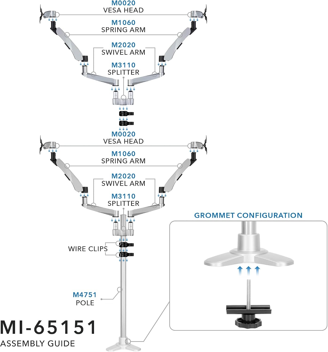 image:imageMountIt Quad Monitor Desk Mount with Full Motion Height Adjustable Arms Premium Modular Computer Screen Mount with VESA 75x75 100x100 mm Pattern Grommet Base Silver
