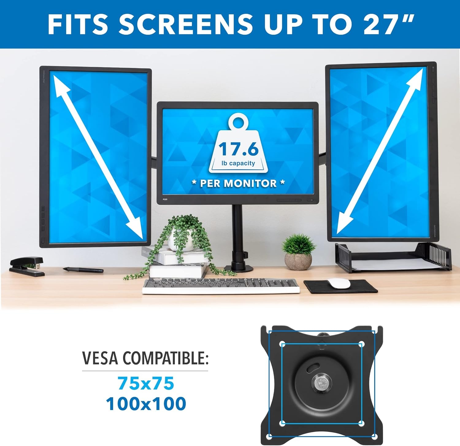 image:imageMountIt Triple Monitor Mount 3 Screen Desk Stand for LCD Computer Monitors for 19 20 22 23 24 27 Inch Monitors VESA 75 and 100 Compatible Full Motion 54 lbs Capacity MI1753Blackup to 27 inches