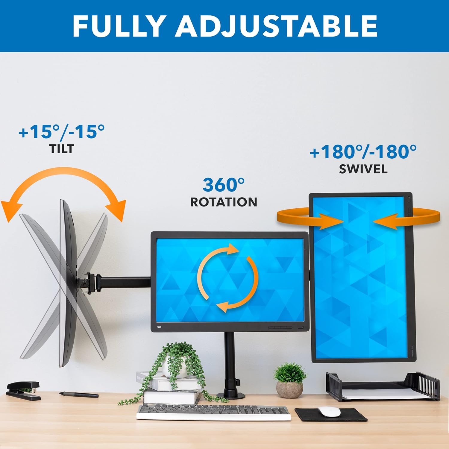 image:imageMountIt Triple Monitor Mount 3 Screen Desk Stand for LCD Computer Monitors for 19 20 22 23 24 27 Inch Monitors VESA 75 and 100 Compatible Full Motion 54 lbs Capacity MI1753Blackup to 27 inches