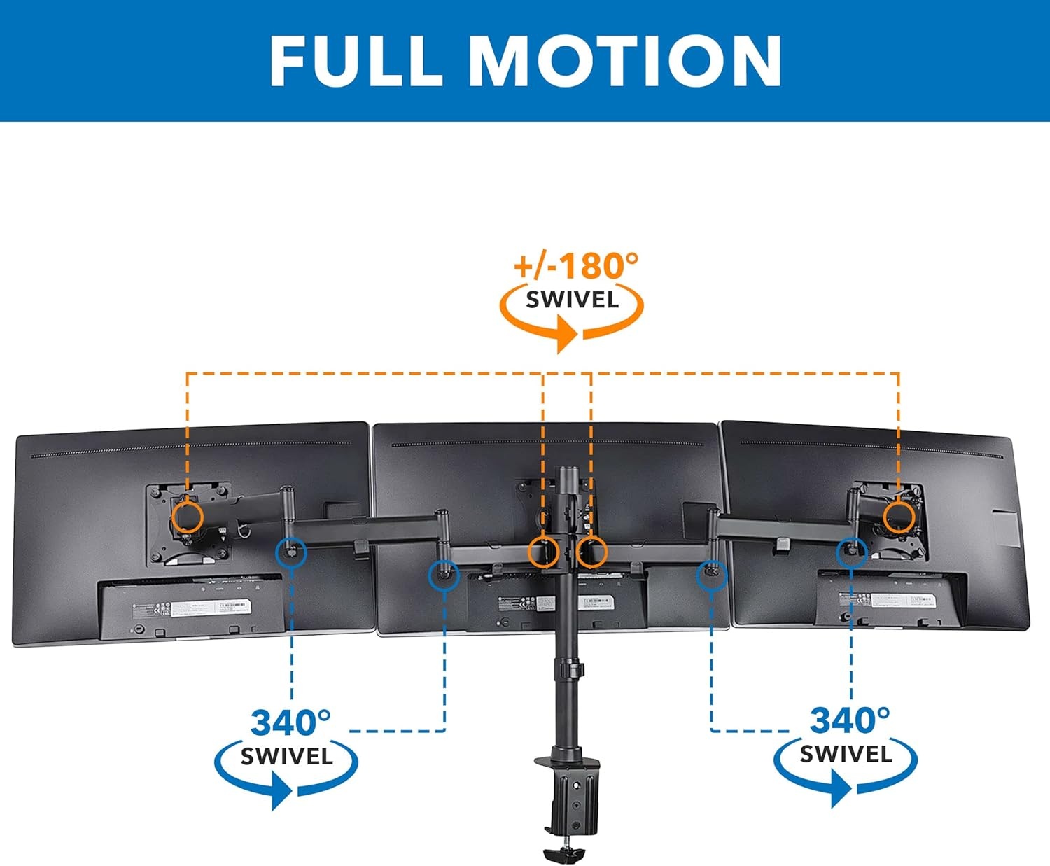 image:imageMountIt Triple Monitor Mount 3 Screen Desk Stand for LCD Computer Monitors for 19 20 22 23 24 27 Inch Monitors VESA 75 and 100 Compatible Full Motion 54 lbs Capacity MI1753Blackup to 27 inches