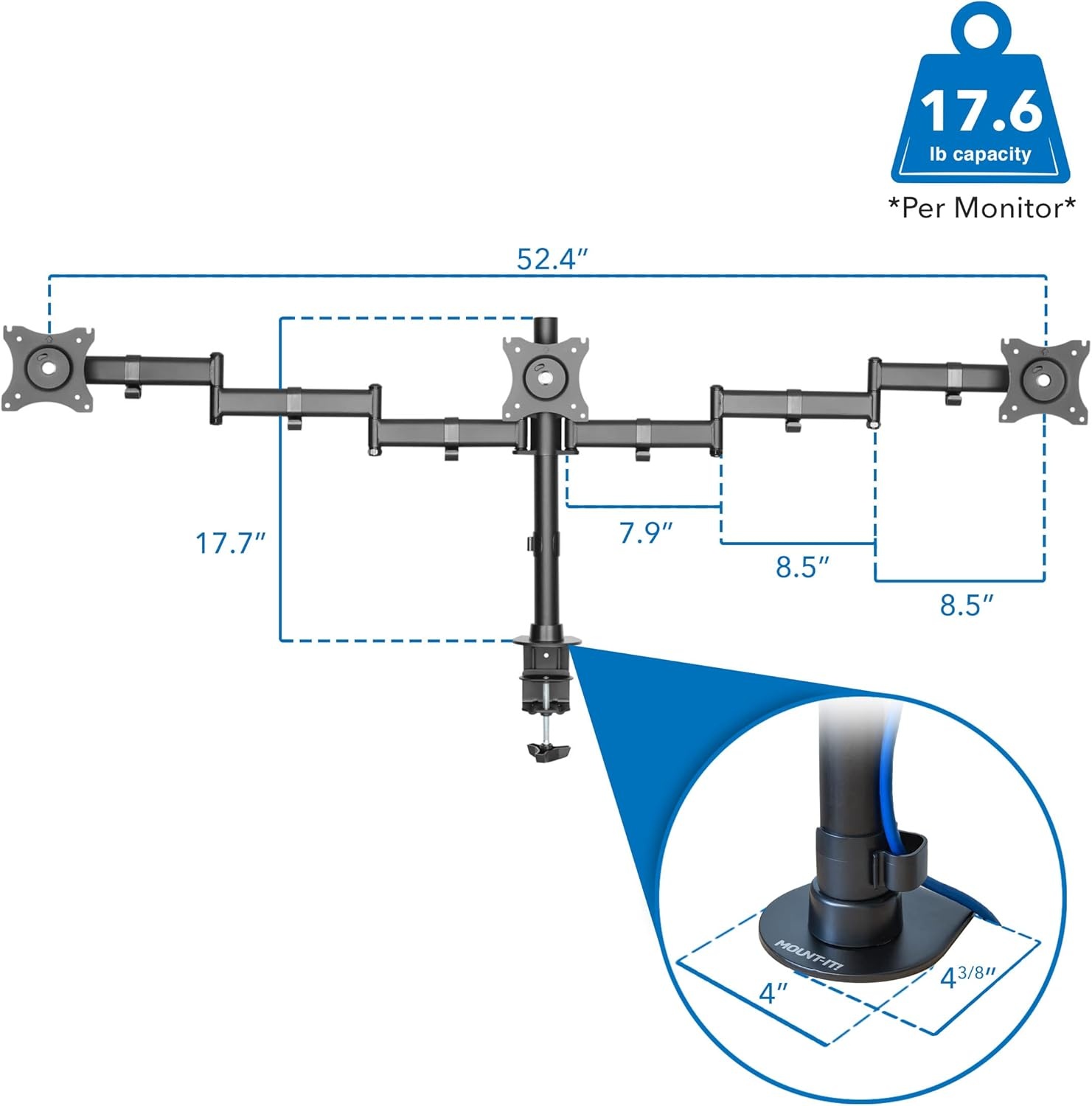 image:imageMountIt Triple Monitor Mount 3 Screen Desk Stand for LCD Computer Monitors for 19 20 22 23 24 27 Inch Monitors VESA 75 and 100 Compatible Full Motion 54 lbs Capacity MI1753Blackup to 27 inches