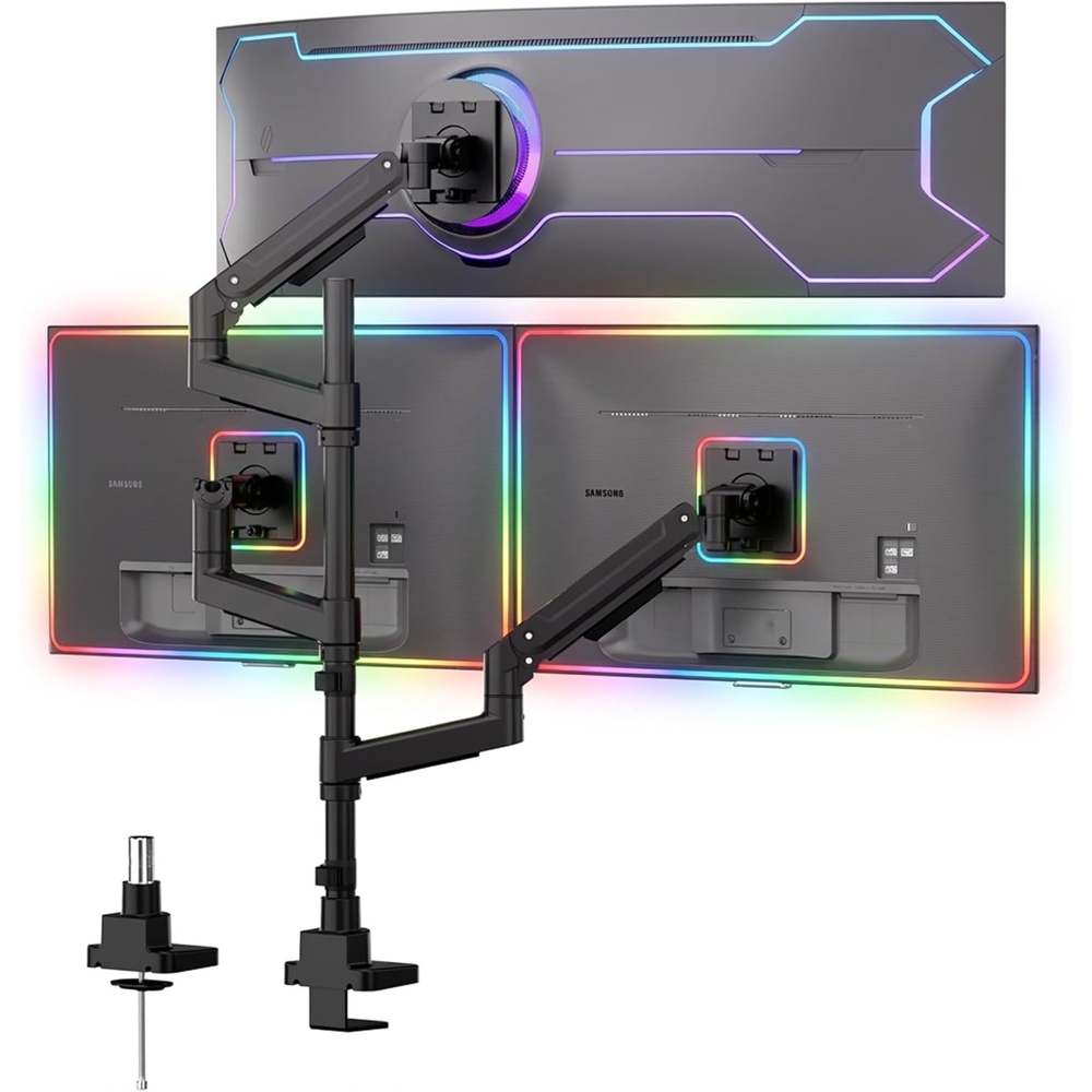 image:imageMountIt HeavyDuty 21 Triple Monitor Mount Stacked Ultrawide Desk Monitor Arm for One 49 Screen Two 35 Monitors 44 lb Gas Spring Arms Clamp amp Grommet Mount