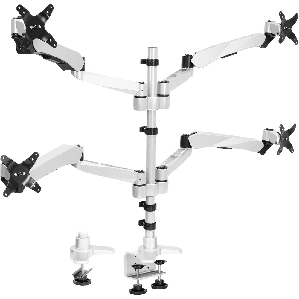 image:imageMountIt Quad Monitor Desk Mount with Full Motion Height Adjustable Arms Premium Modular Computer Screen Mount with VESA 75x75 100x100 mm Pattern Clamp Base Silver