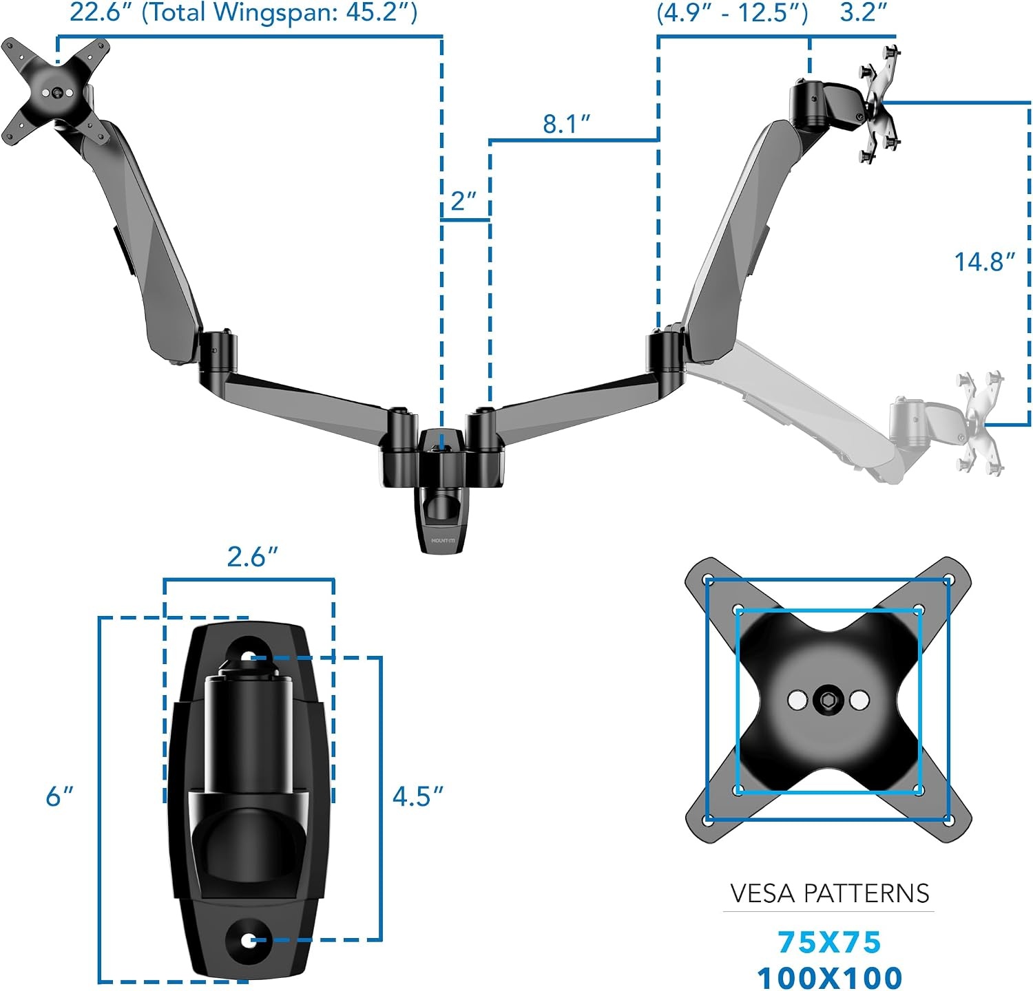 image:imageMountIt CLiX Dual Monitor Wall Mount Gas Spring Arms TAACompliant Monitor Wall Mounts for 2 Monitors 1332 up to 198 lbs Each VESA 75 100 Effortless Height Adjustable Premium Aluminum Black