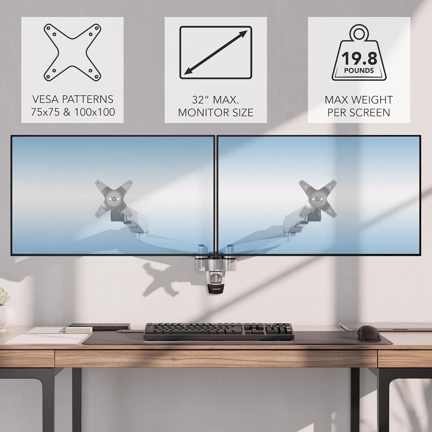 image:imageMountIt CLiX Dual Monitor Wall Mount Gas Spring Arms TAACompliant Monitor Wall Mounts for 2 Monitors 1332 up to 198 lbs Each VESA 75 100 Effortless Height Adjustable Premium Aluminum Silver