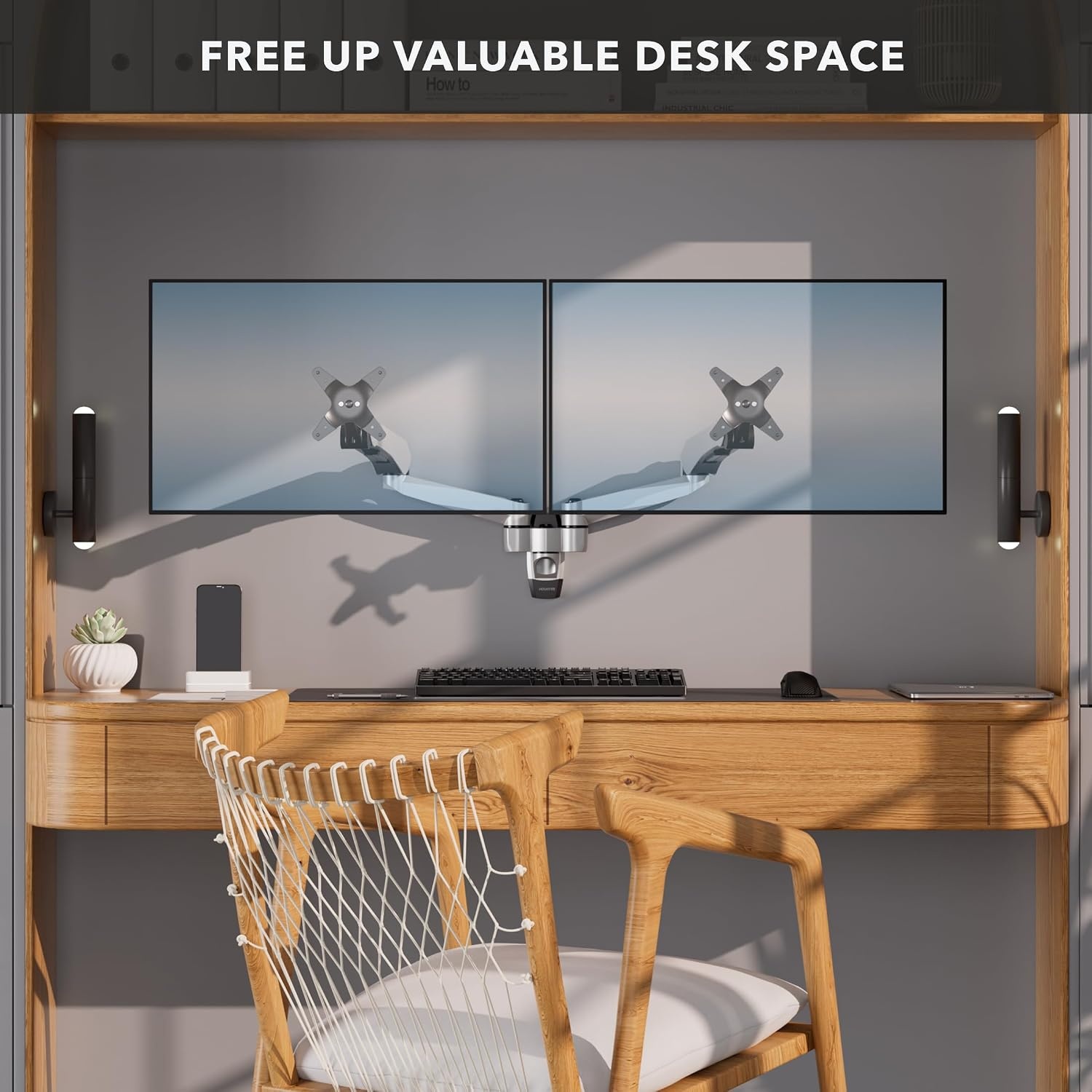 image:imageMountIt CLiX Dual Monitor Wall Mount Gas Spring Arms TAACompliant Monitor Wall Mounts for 2 Monitors 1332 up to 198 lbs Each VESA 75 100 Effortless Height Adjustable Premium Aluminum Silver