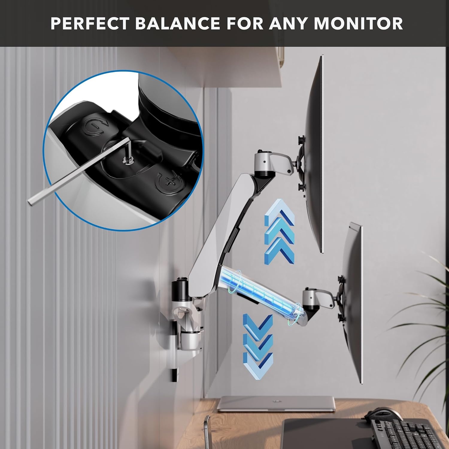 image:imageMountIt CLiX Dual Monitor Wall Mount Gas Spring Arms TAACompliant Monitor Wall Mounts for 2 Monitors 1332 up to 198 lbs Each VESA 75 100 Effortless Height Adjustable Premium Aluminum Silver