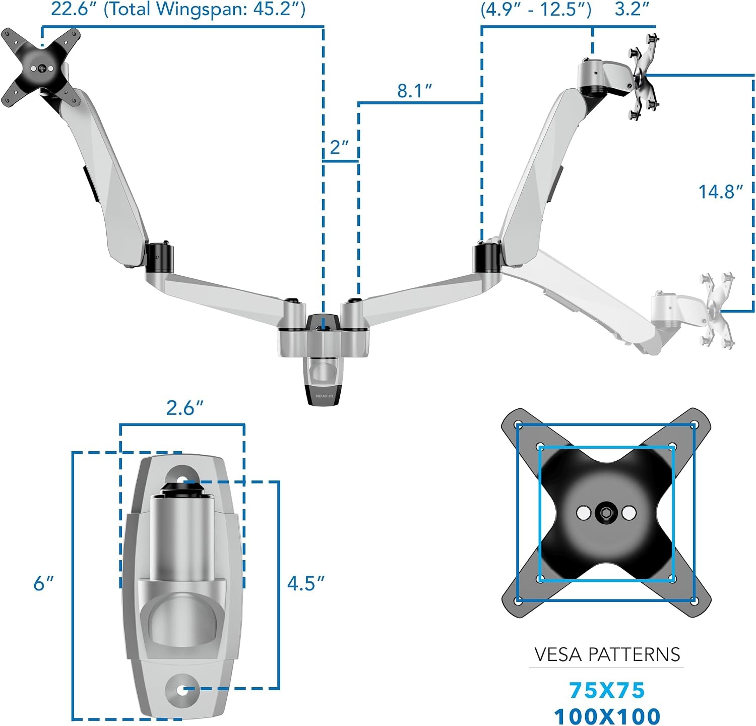 image:imageMountIt CLiX Dual Monitor Wall Mount Gas Spring Arms TAACompliant Monitor Wall Mounts for 2 Monitors 1332 up to 198 lbs Each VESA 75 100 Effortless Height Adjustable Premium Aluminum Silver