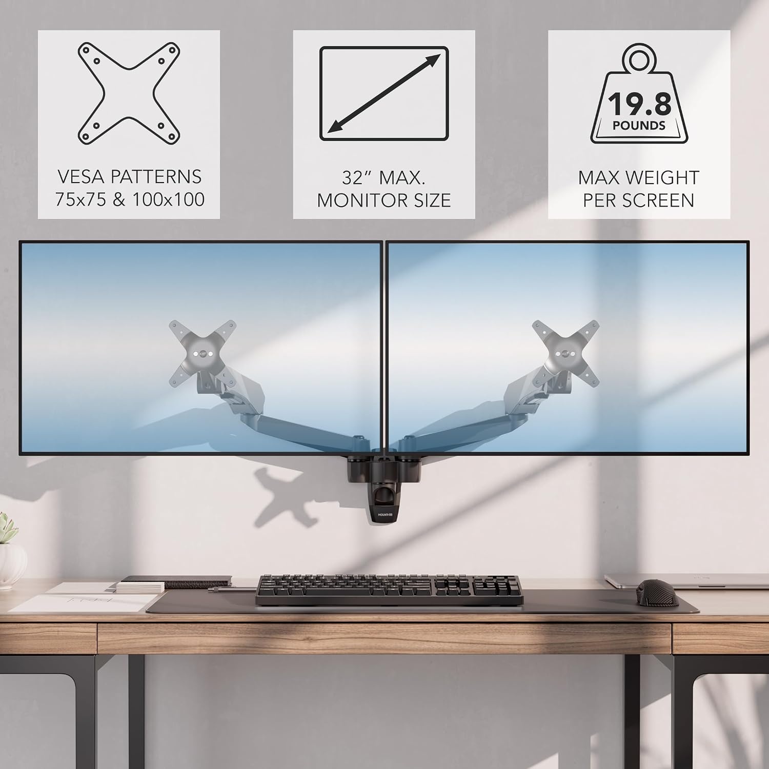 image:imageMountIt CLiX Dual Monitor Wall Mount Gas Spring Arms TAACompliant Monitor Wall Mounts for 2 Monitors 1332 up to 198 lbs Each VESA 75 100 Effortless Height Adjustable Premium Aluminum Black
