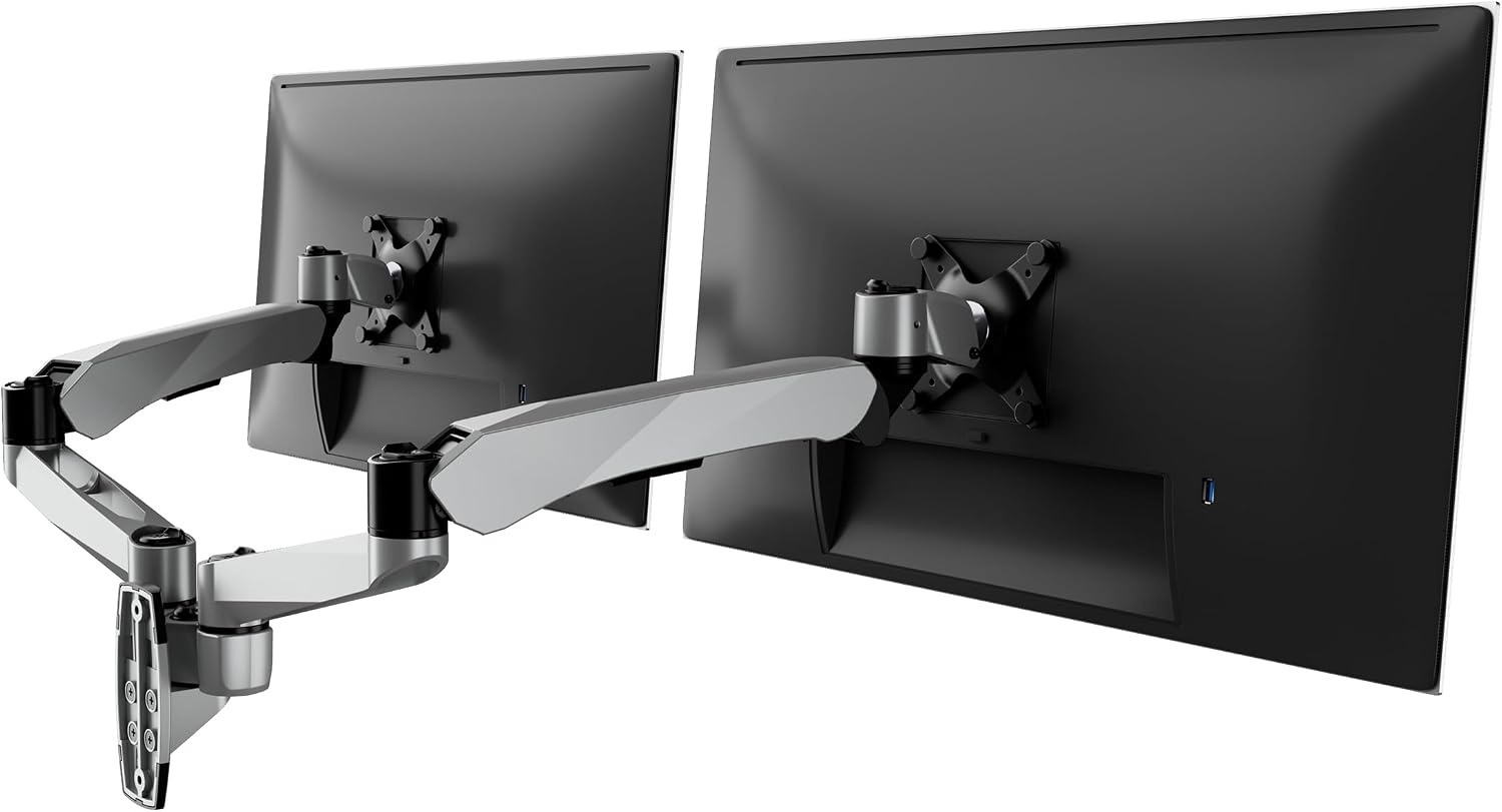 image:imageMountIt CLiX Dual Monitor Wall Mount Gas Spring Arms TAACompliant Monitor Wall Mounts for 2 Monitors 1332 up to 198 lbs Each VESA 75 100 Effortless Height Adjustable Premium Aluminum Silver