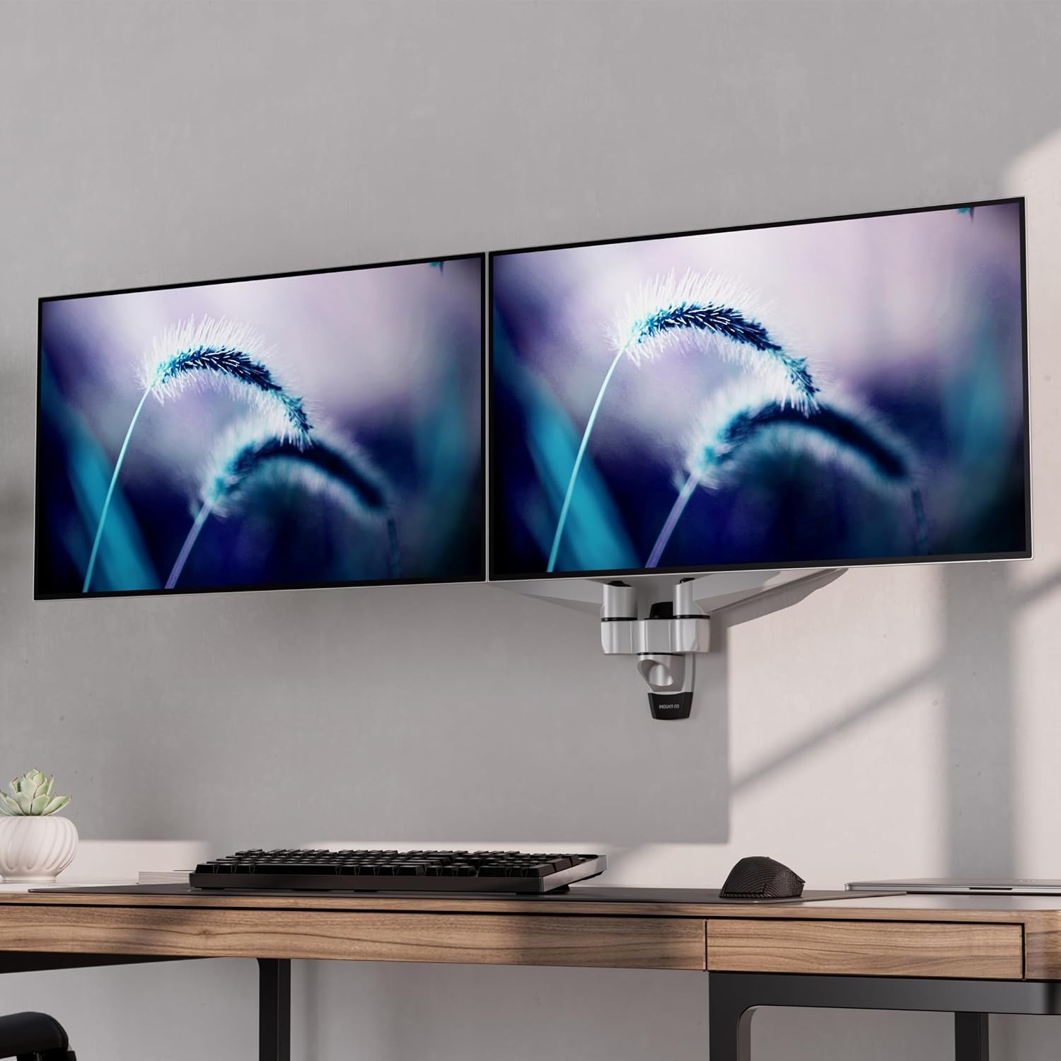 image:imageMountIt CLiX Dual Monitor Wall Mount Gas Spring Arms TAACompliant Monitor Wall Mounts for 2 Monitors 1332 up to 198 lbs Each VESA 75 100 Effortless Height Adjustable Premium Aluminum Silver