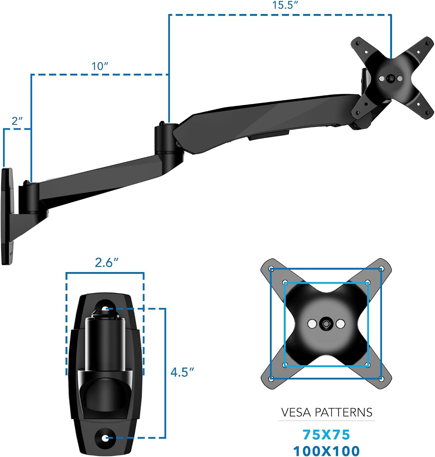 image:imageMountIt CLiX Series Single Monitor Wall Mount Gas Spring Arm TAACompliant Fits 1332 Screens up to 198 lbs VESA 75x75 100x100 Articulating Premium Aluminum SpaceSaving Design Black