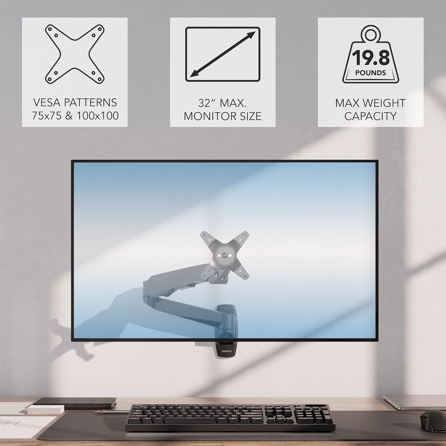 image:imageMountIt CLiX Series Single Monitor Wall Mount Gas Spring Arm TAACompliant Fits 1332 Screens up to 198 lbs VESA 75x75 100x100 Articulating Premium Aluminum SpaceSaving Design Black