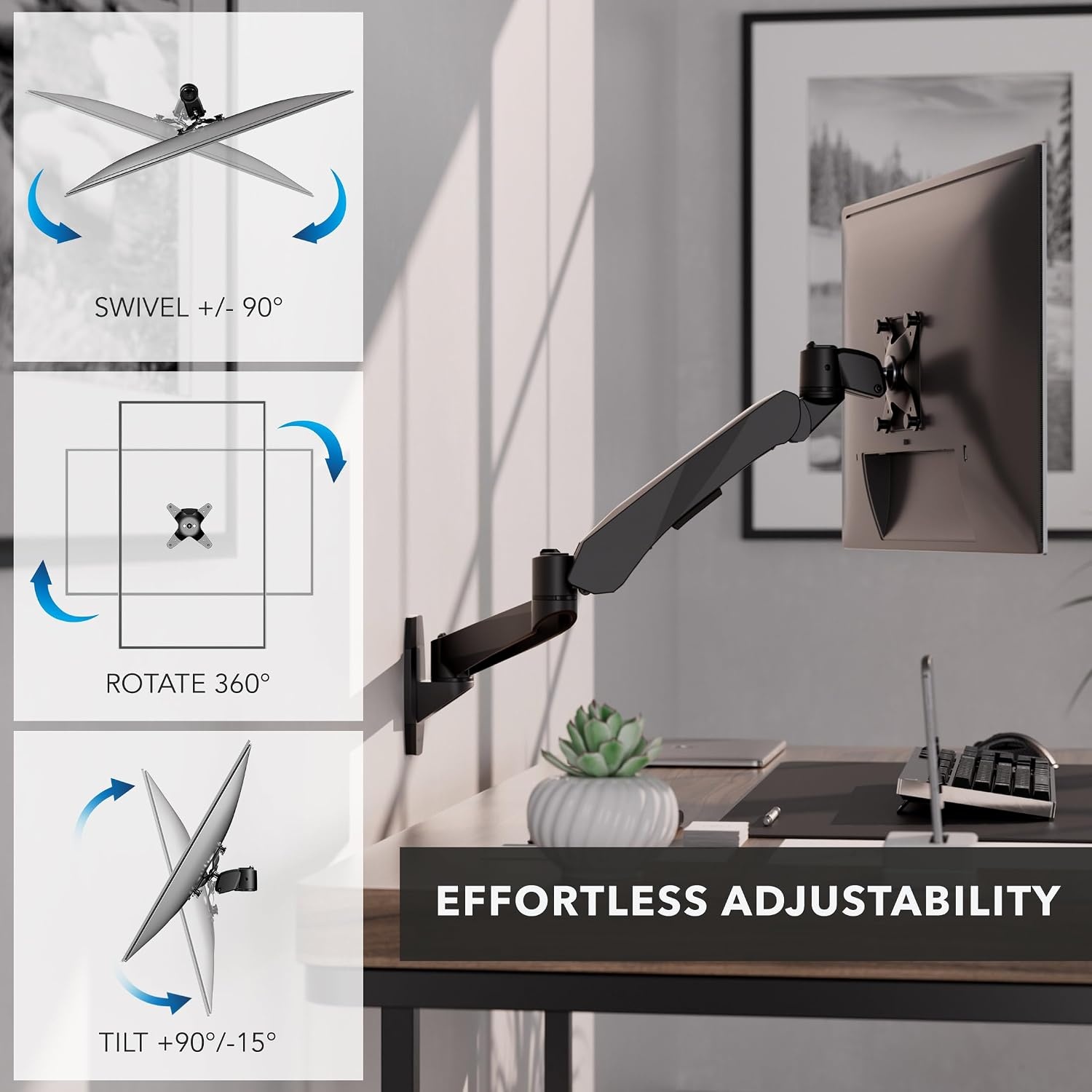 image:imageMountIt CLiX Series Single Monitor Wall Mount Gas Spring Arm TAACompliant Fits 1332 Screens up to 198 lbs VESA 75x75 100x100 Articulating Premium Aluminum SpaceSaving Design Black
