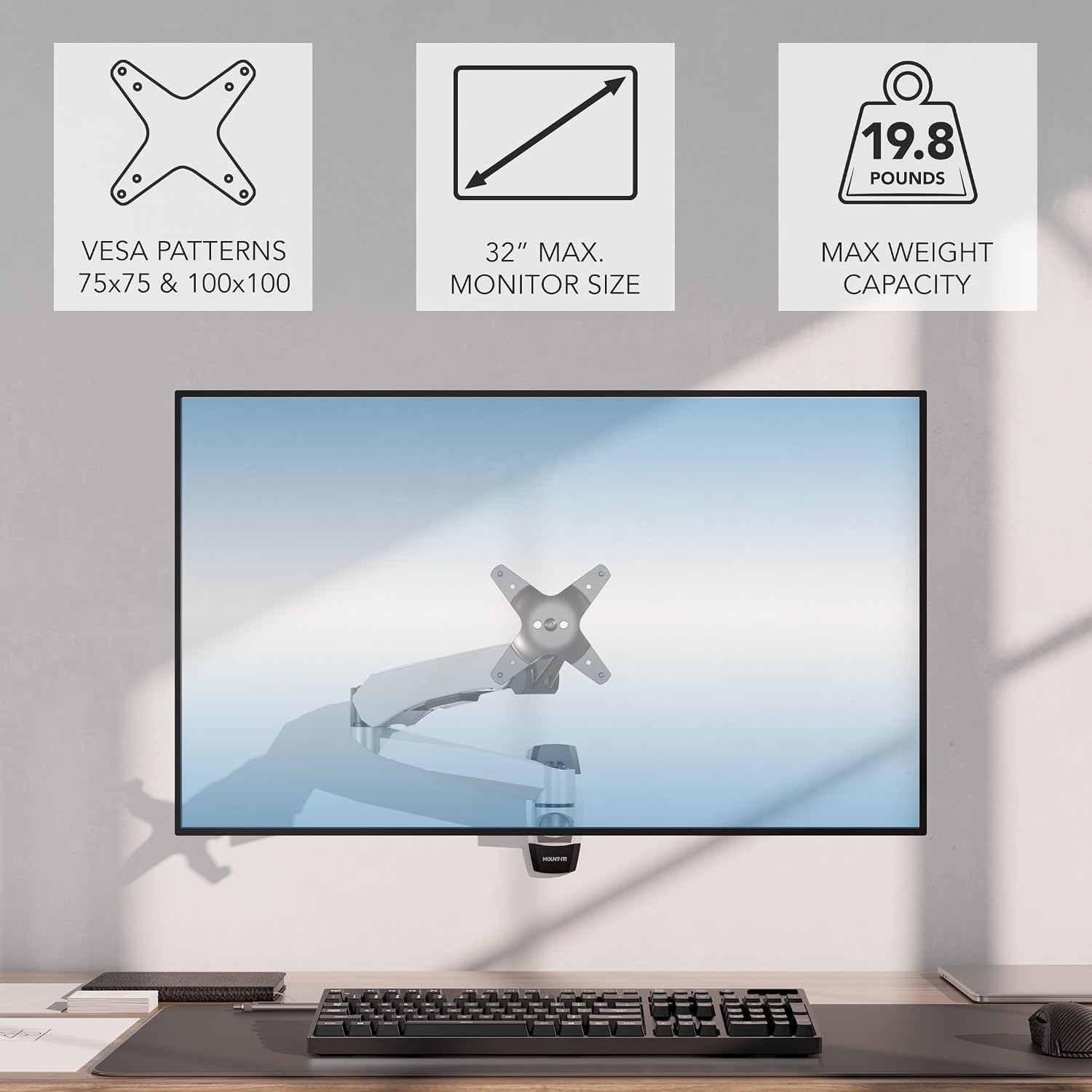image:imageMountIt CLiX Series Single Monitor Wall Mount Gas Spring Arm TAACompliant Fits 1332 Screens up to 198 lbs VESA 75x75 100x100 Full Motion Articulating Premium Aluminum SpaceSaving Design