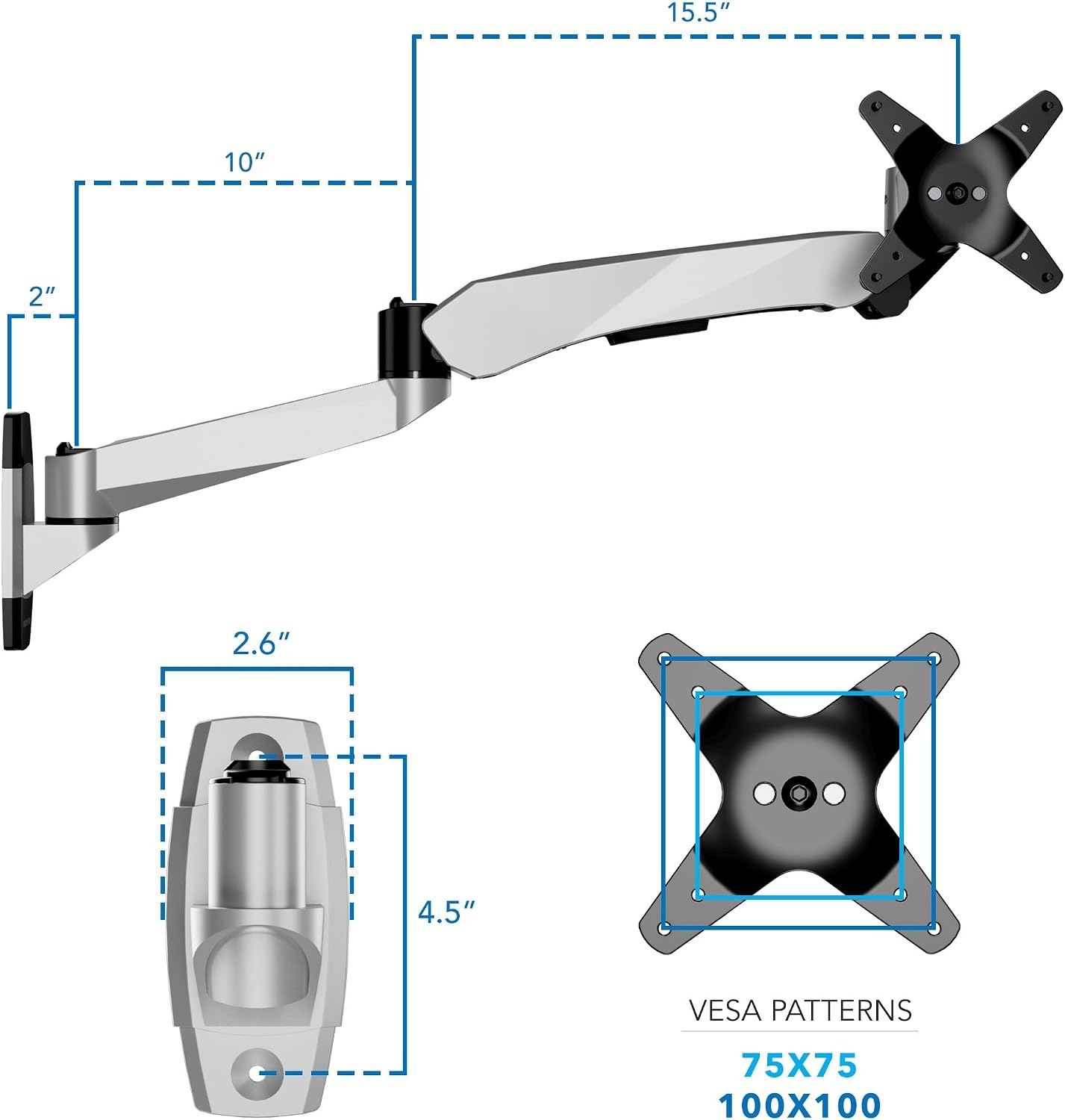 image:imageMountIt CLiX Series Single Monitor Wall Mount Gas Spring Arm TAACompliant Fits 1332 Screens up to 198 lbs VESA 75x75 100x100 Full Motion Articulating Premium Aluminum SpaceSaving Design