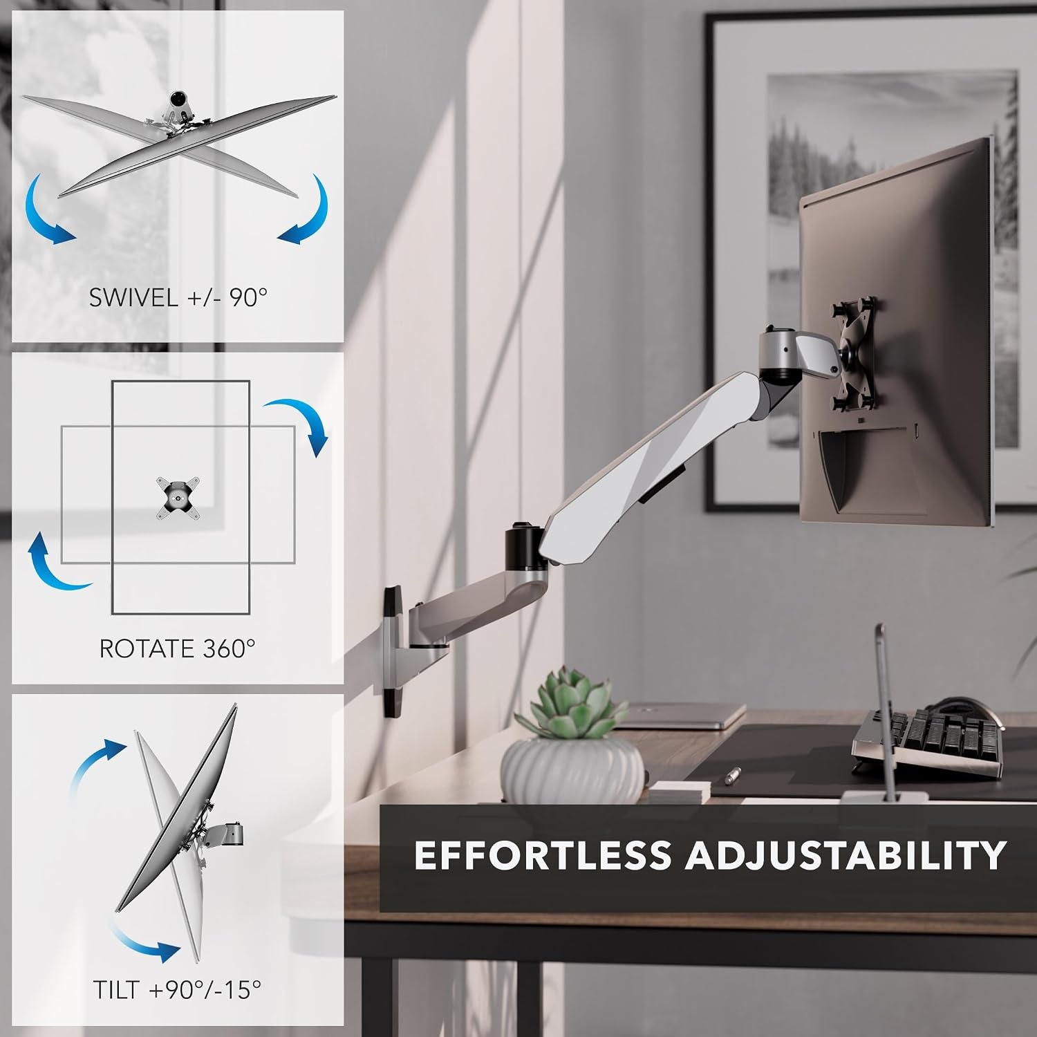 image:imageMountIt CLiX Series Single Monitor Wall Mount Gas Spring Arm TAACompliant Fits 1332 Screens up to 198 lbs VESA 75x75 100x100 Full Motion Articulating Premium Aluminum SpaceSaving Design