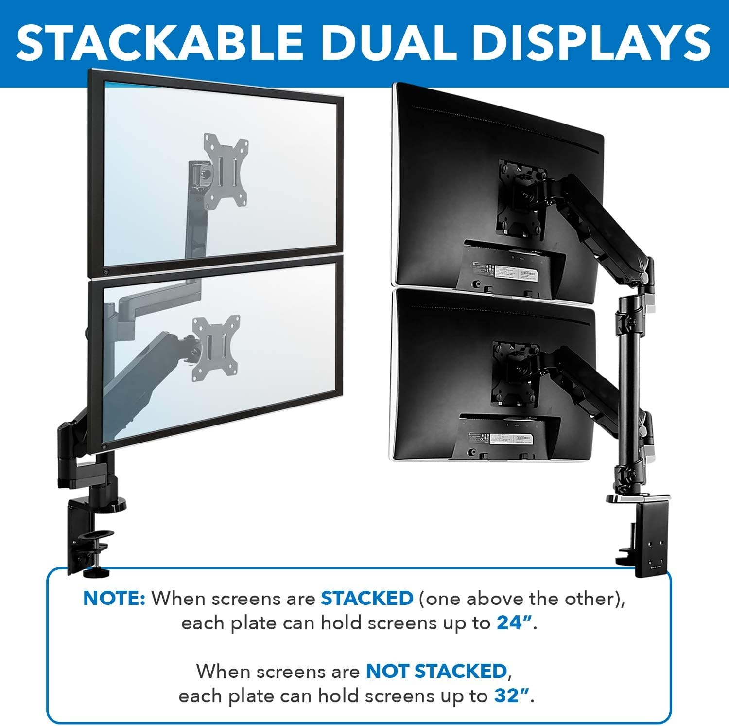 image:imageMountIt Dual Monitor Arm Desk Mount for 1732 Screens Gas Spring Adjustable Monitor Stand Vertical Stack or SidebySide Setup 176 lbs Each Arm VESA 75x75 100x100 Clamp amp Grommet Base MI4762