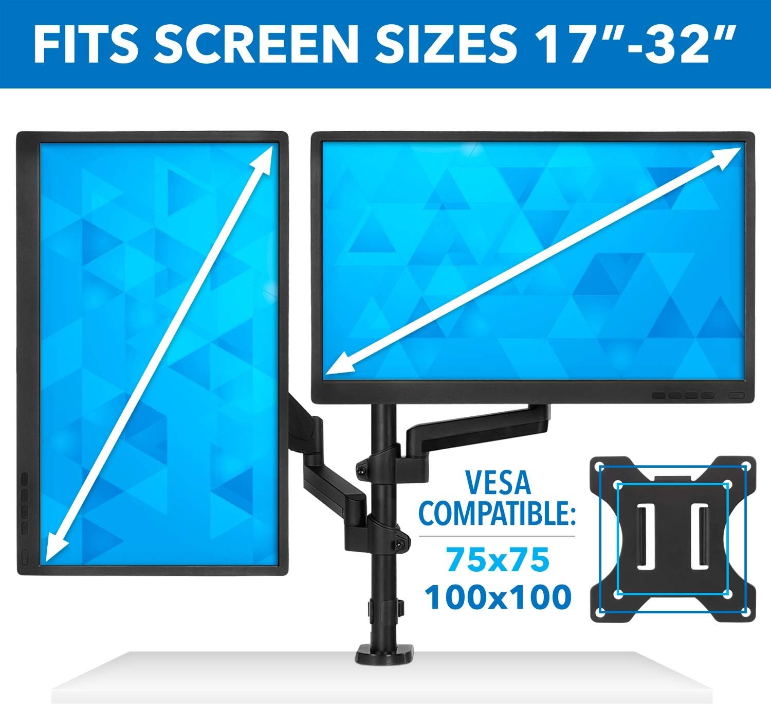 image:imageMountIt Dual Monitor Arm Desk Mount for 1732 Screens Gas Spring Adjustable Monitor Stand Vertical Stack or SidebySide Setup 176 lbs Each Arm VESA 75x75 100x100 Clamp amp Grommet Base MI4762